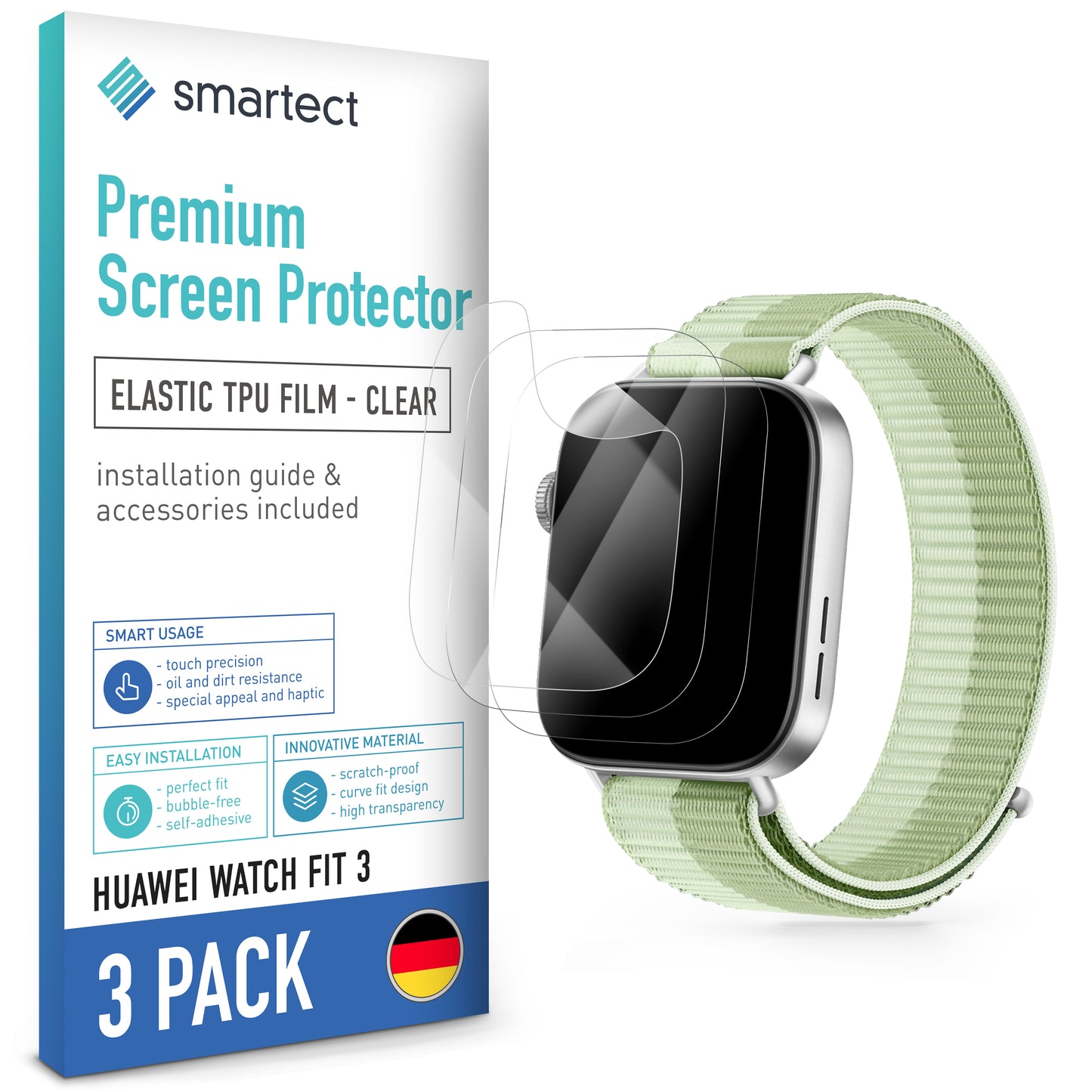 smartect TPU Schutzfolie Klar für Huawei Watch Fit 3, 3 x Front