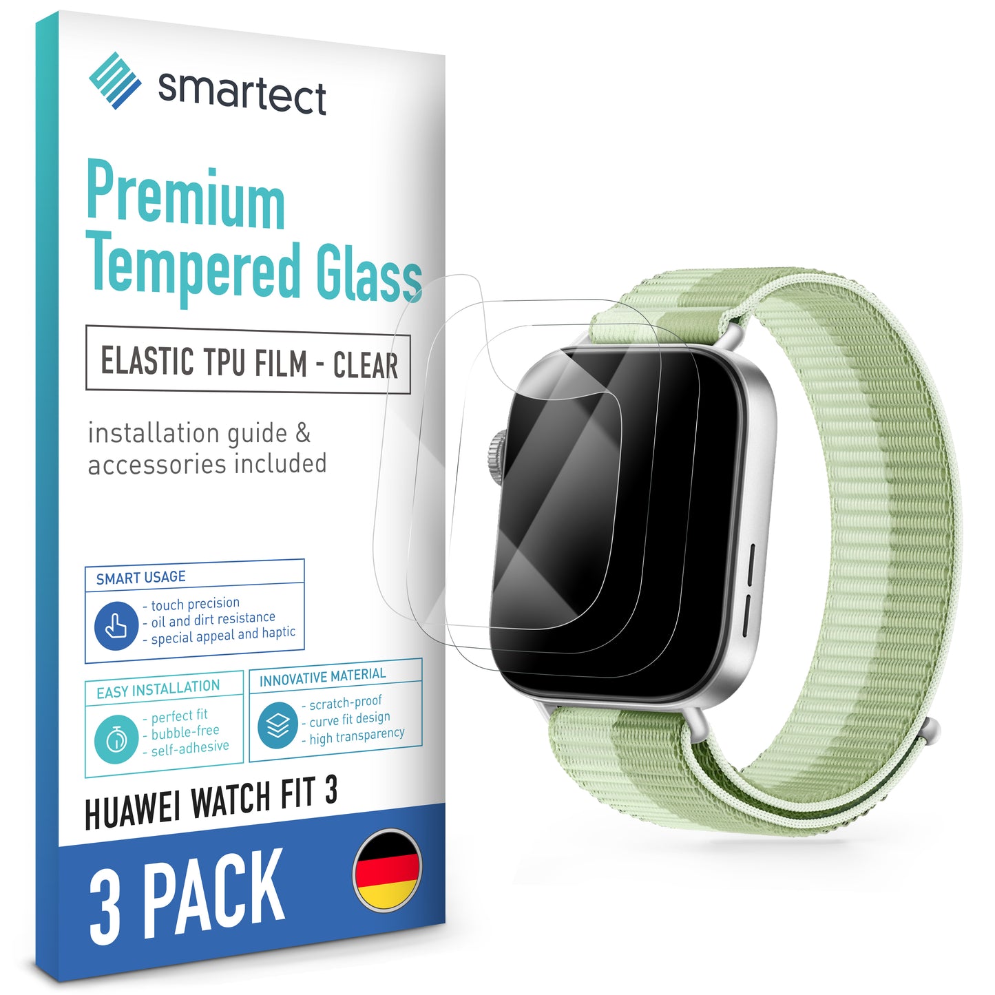 smartect TPU Schutzfolie Klar für Huawei Watch Fit 3, 3 x Front