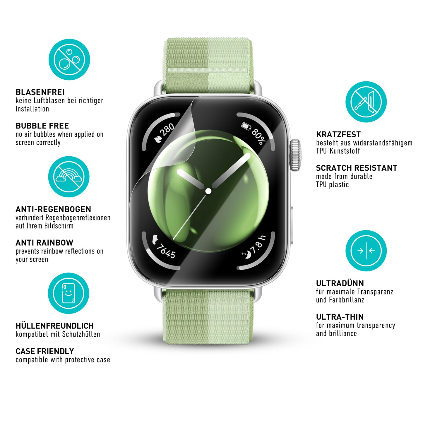 smartect TPU Schutzfolie Klar für Huawei Watch Fit 3, 3 x Front