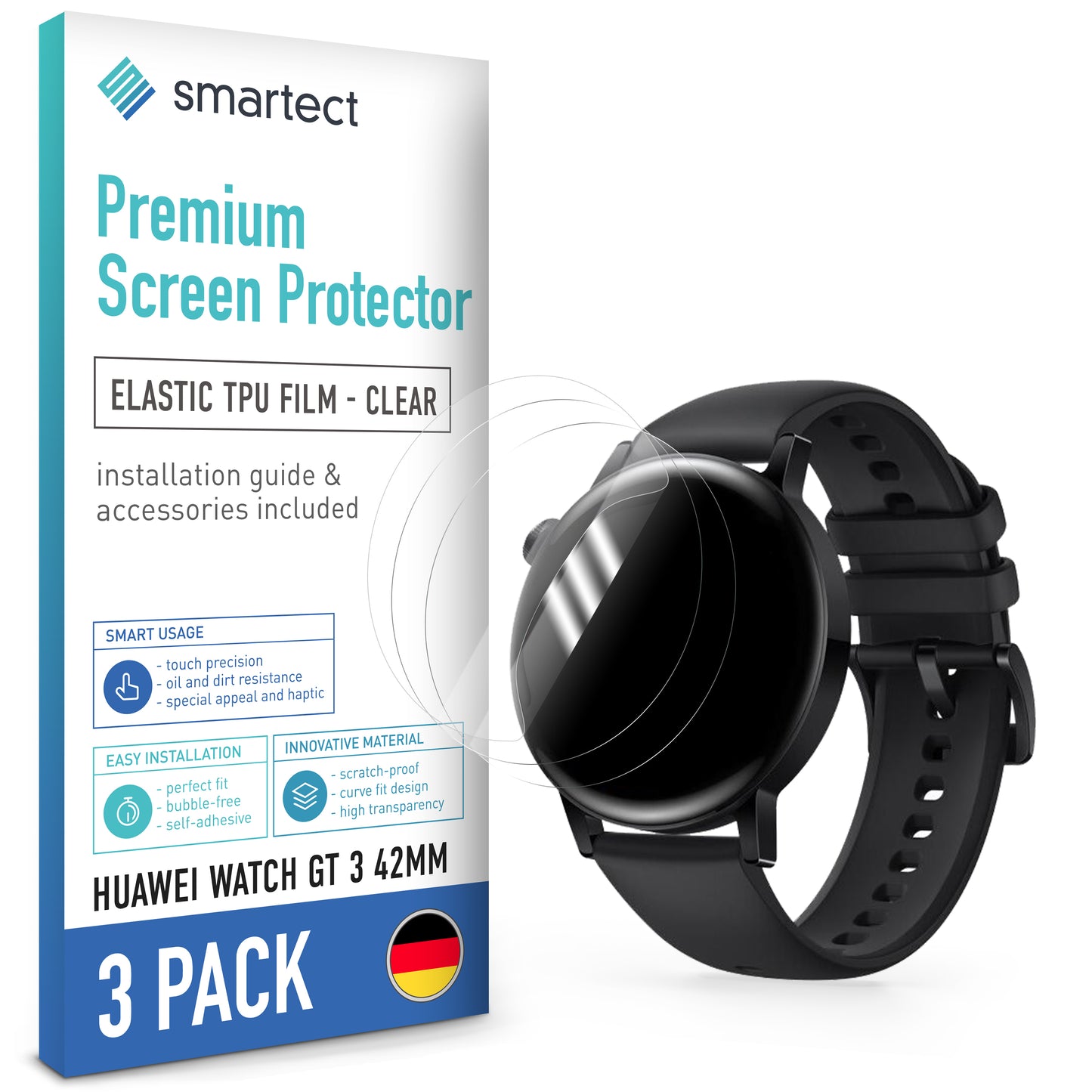smartect TPU Schutzfolie Klar für Huawei Watch GT 3 42mm, 3 x Front