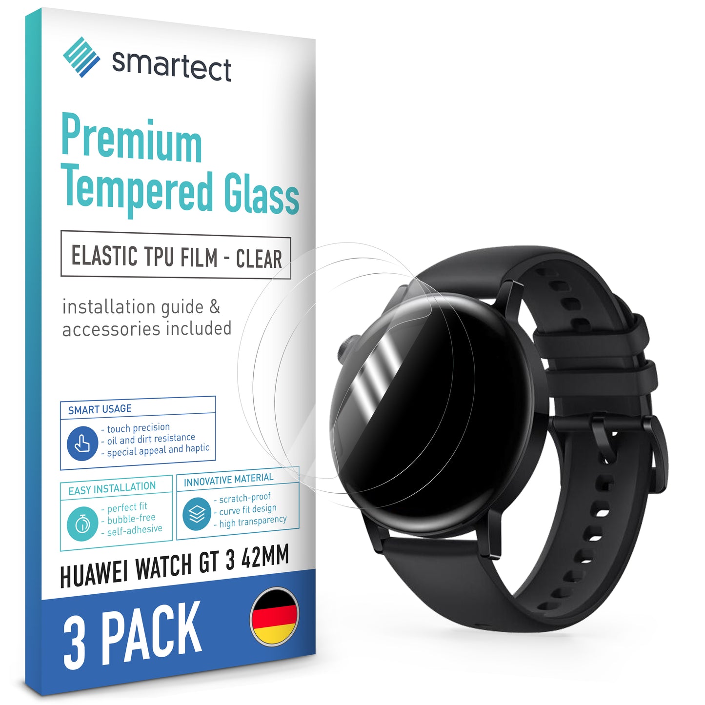 smartect TPU Schutzfolie Klar für Huawei Watch GT 3 42mm, 3 x Front