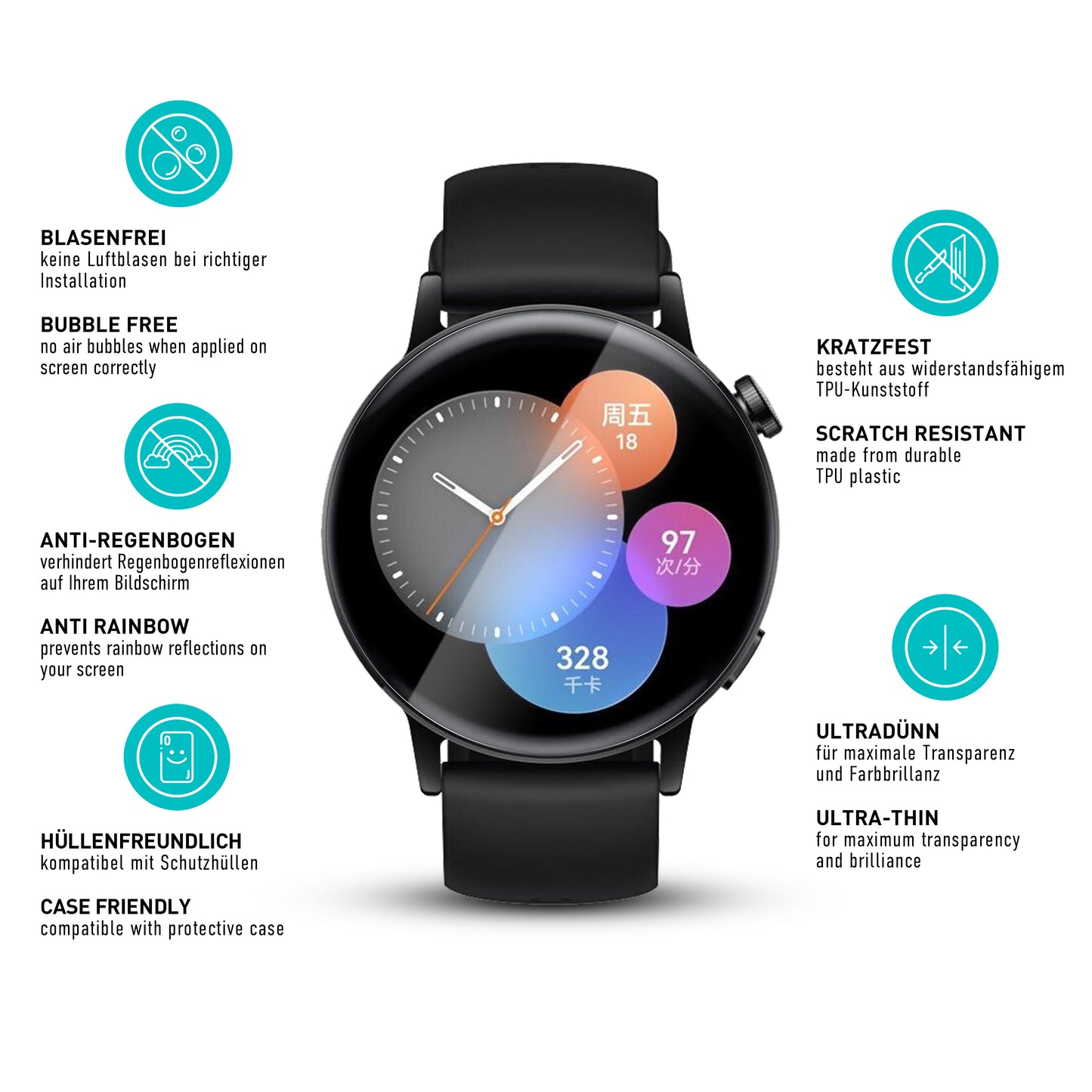 smartect TPU Schutzfolie Klar für Huawei Watch GT 3 42mm, 3 x Front