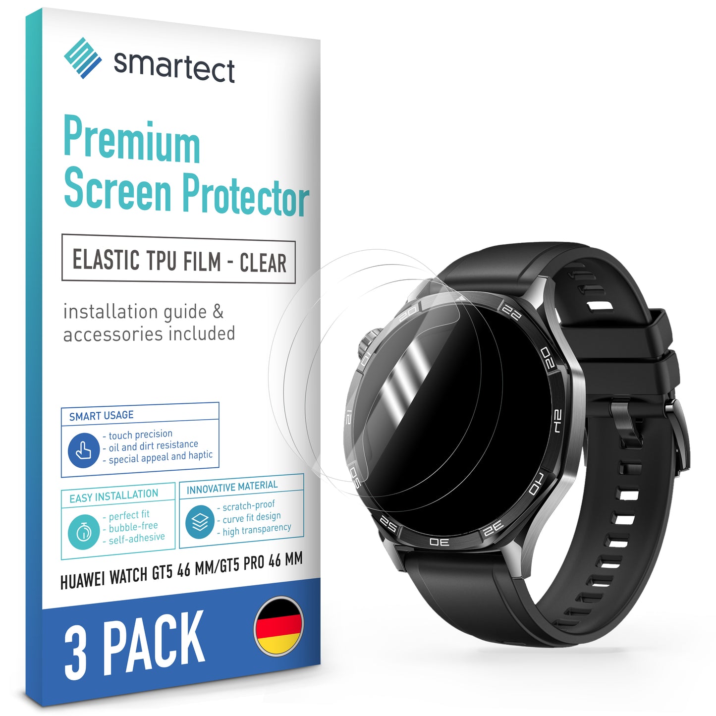 smartect TPU Schutzfolie Klar für Huawei Watch GT5 46 mm / GT5 Pro 46 mm, 3 x Front