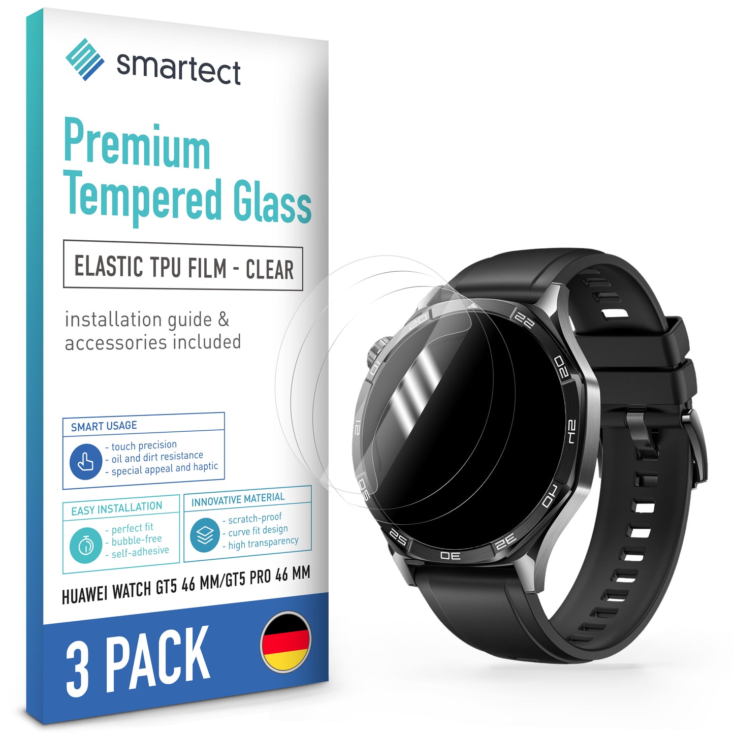 smartect TPU Schutzfolie Klar für Huawei Watch GT5 46 mm / GT5 Pro 46 mm, 3 x Front