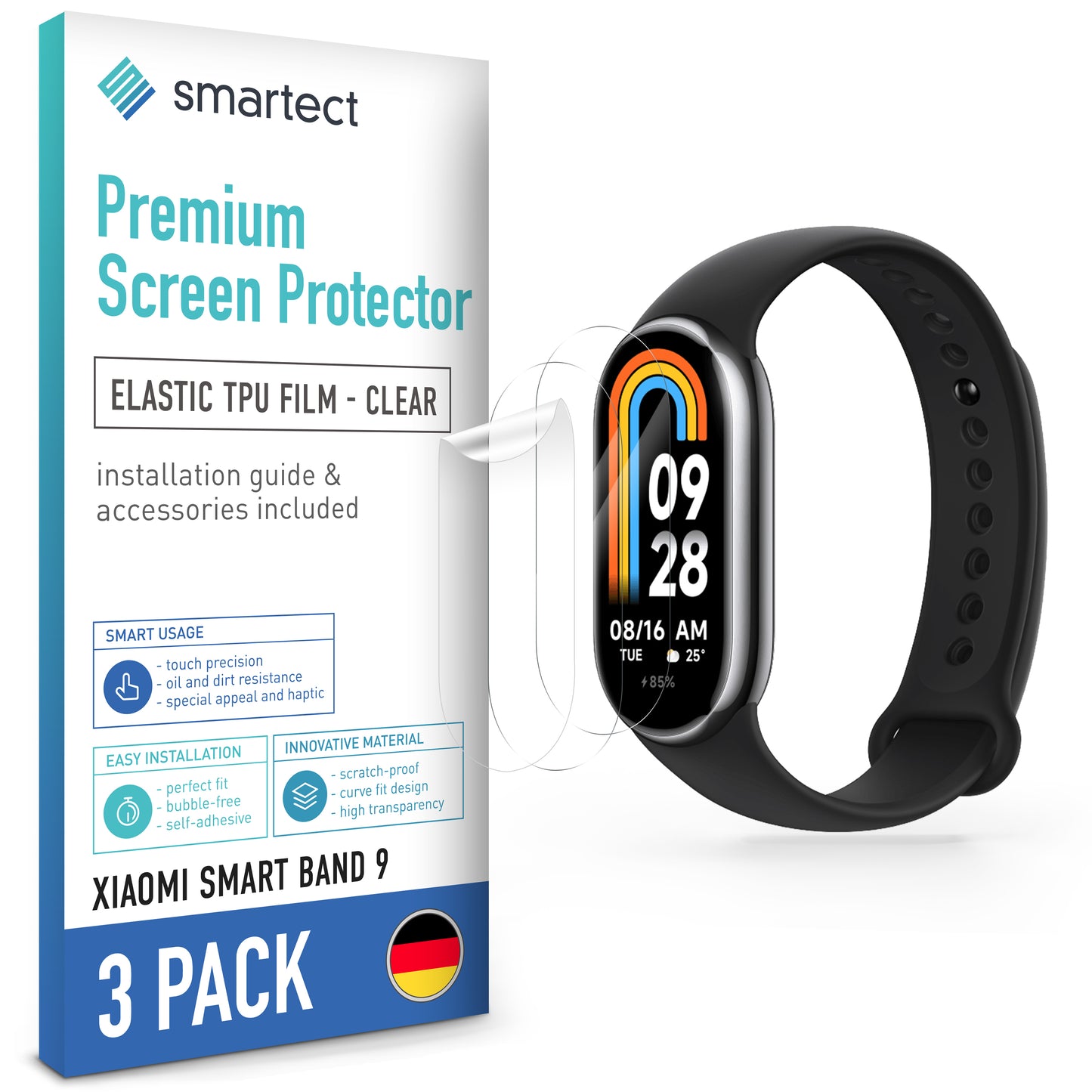 smartect TPU Schutzfolie Klar für Xiaomi Smart Band 9, 3 x Front