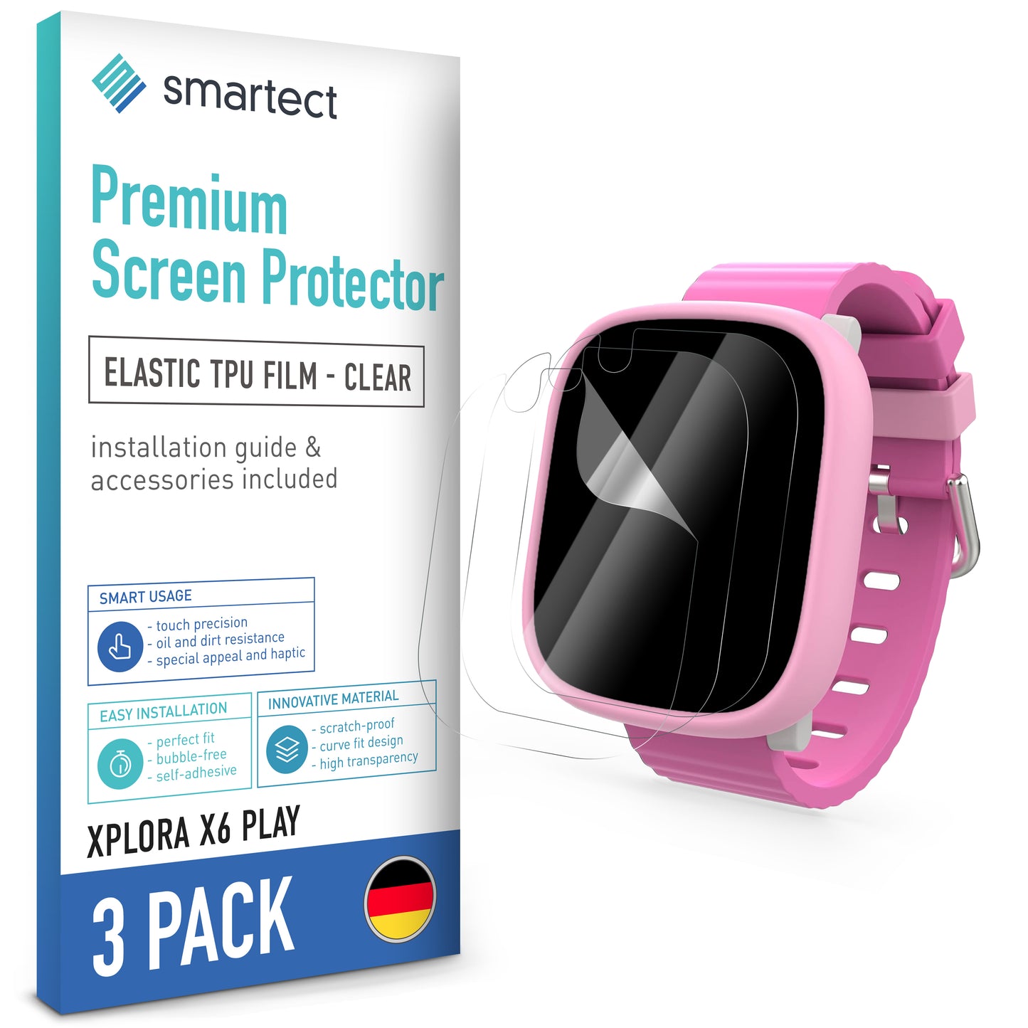 smartect TPU Schutzfolie Klar für Xplora X6 Play, 3 x Front