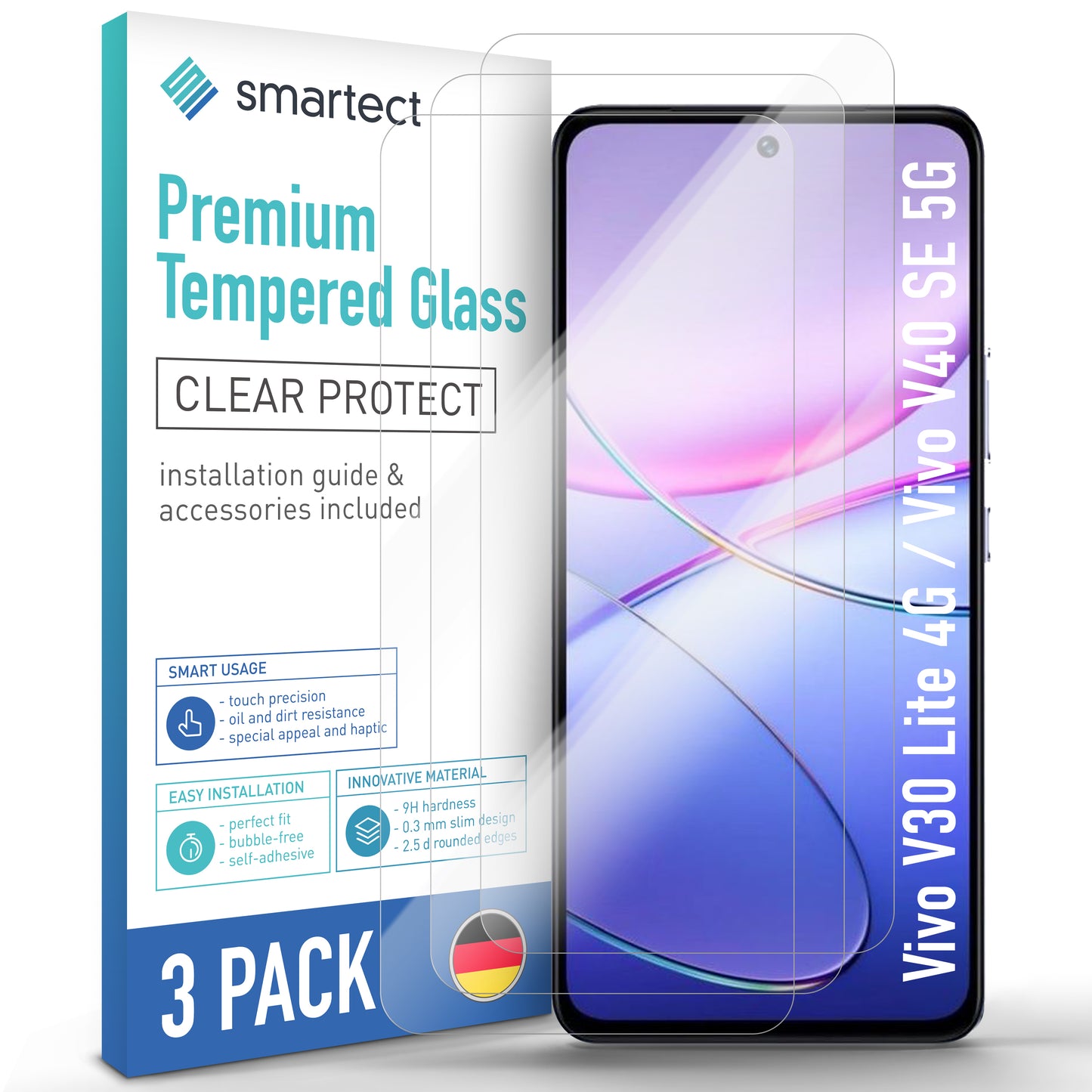 smartect Protective Glass Clear for Vivo V30 Lite 4G / Vivo V40 SE 5G, 3 pieces
