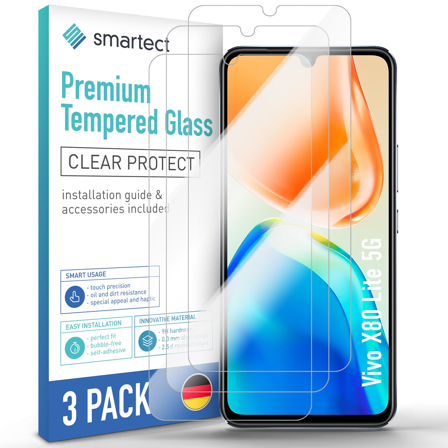 smartect Schutzglas Klar für Vivo X80 Lite 5G, 3 Stück