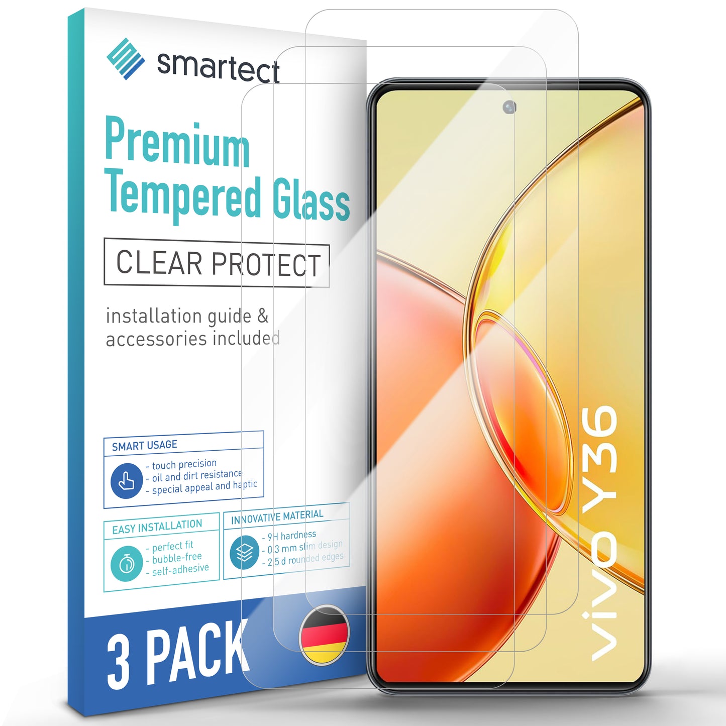 smartect Protective Glass Clear for Vivo Y36 4G & 5G, 3 pieces