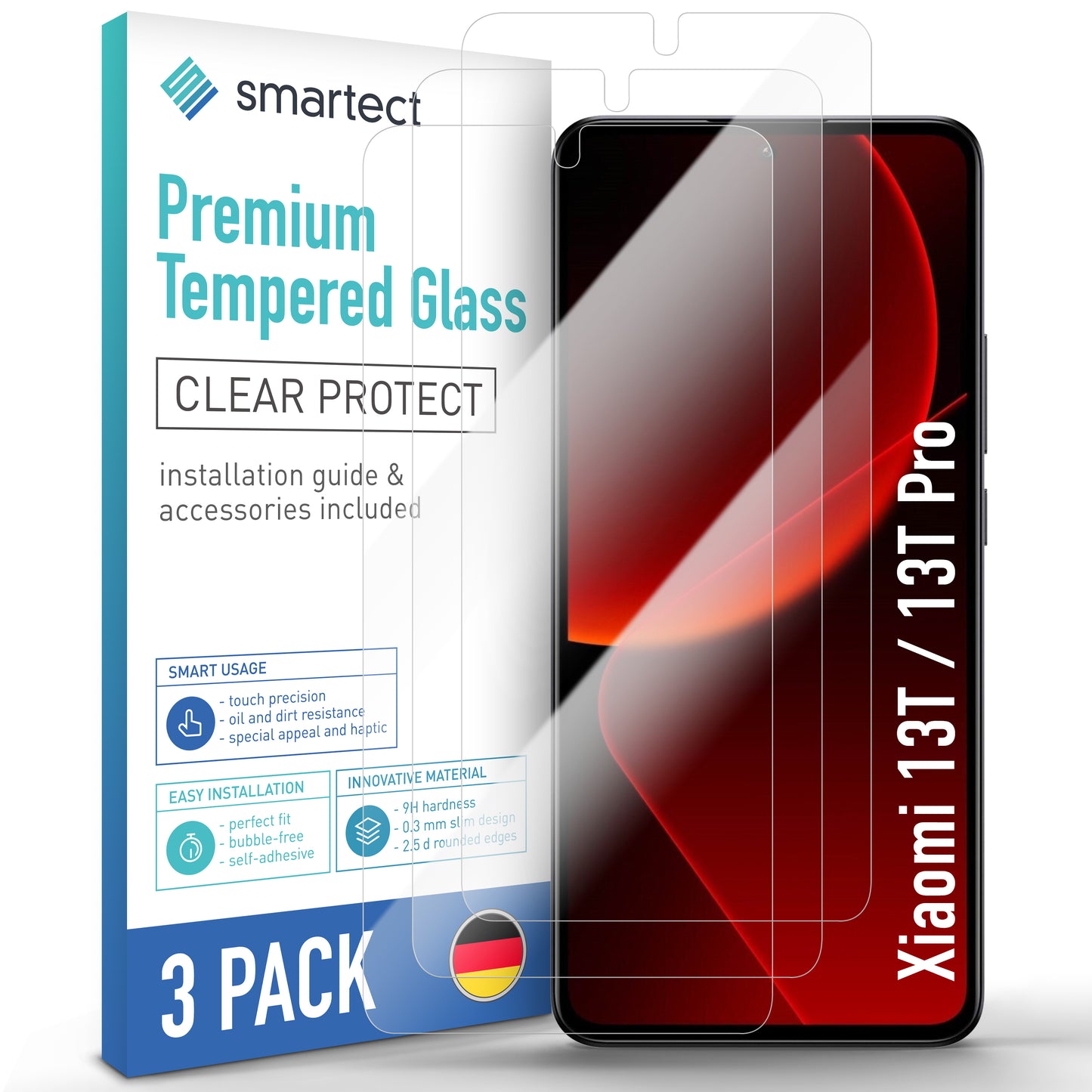 smartect Protective Glass Clear for Xiaomi 13T / 13T Pro (Camera Cutout), 3 pieces