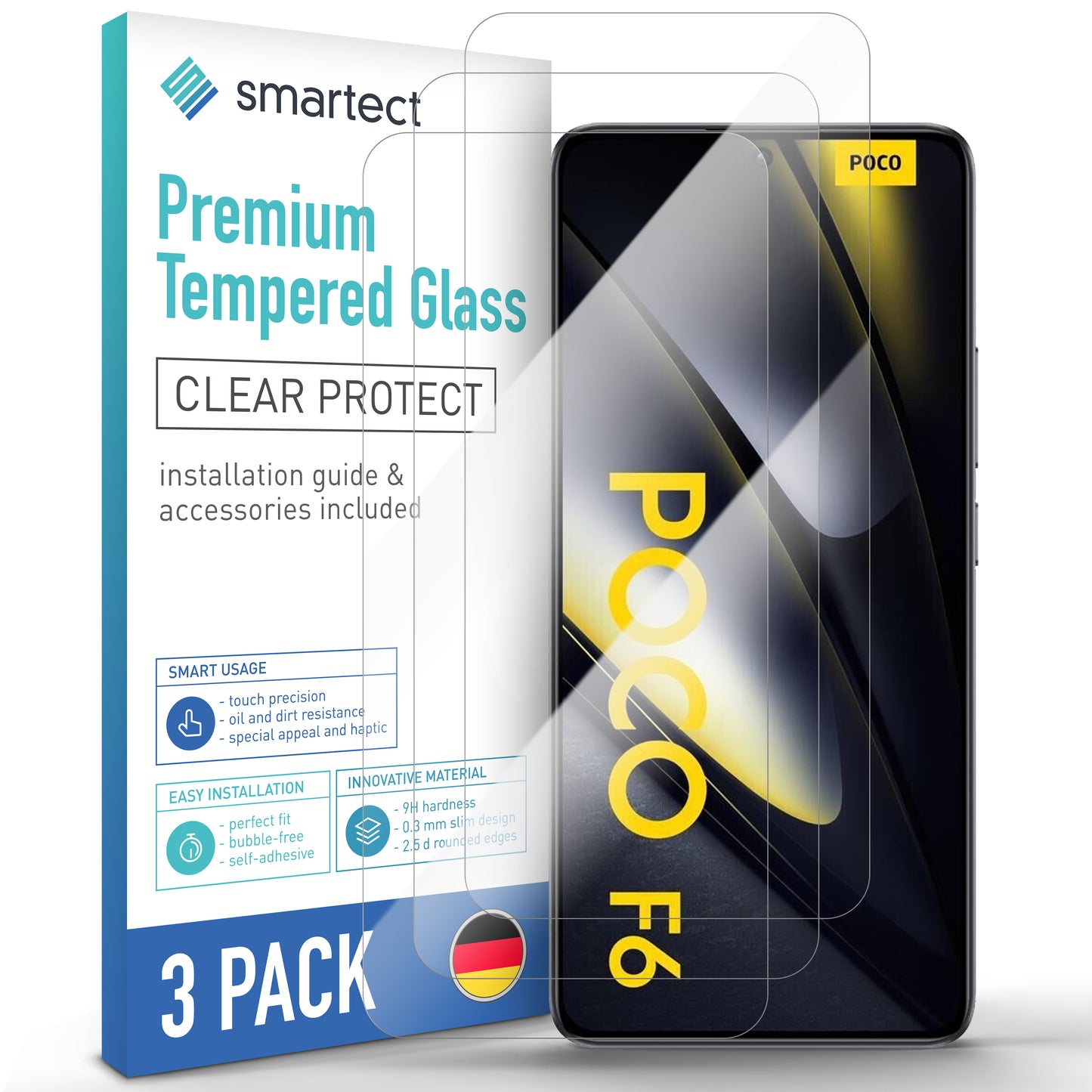 smartect Schutzglas Klar für Xiaomi Poco F6 5G, 3 Stück