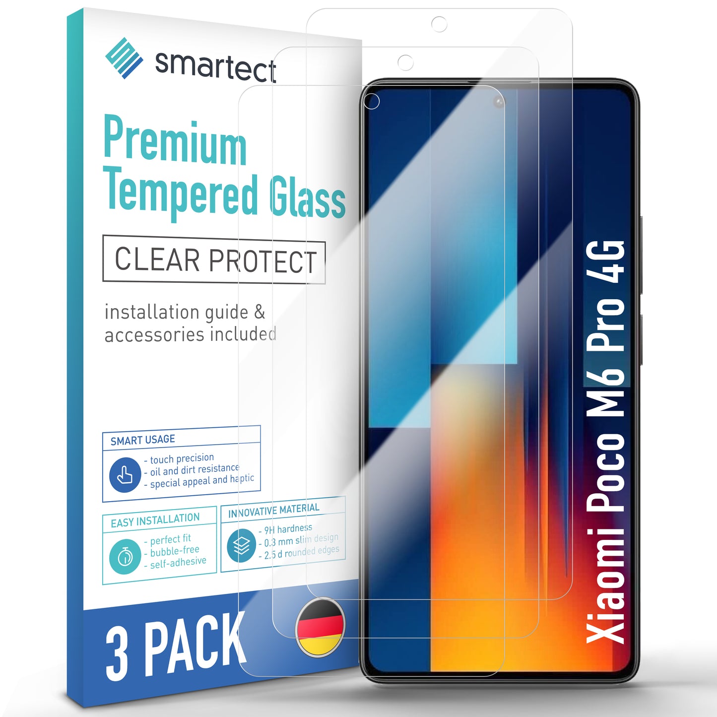 smartect Schutzglas Klar für Xiaomi Poco M6 Pro 4G, 3 Stück