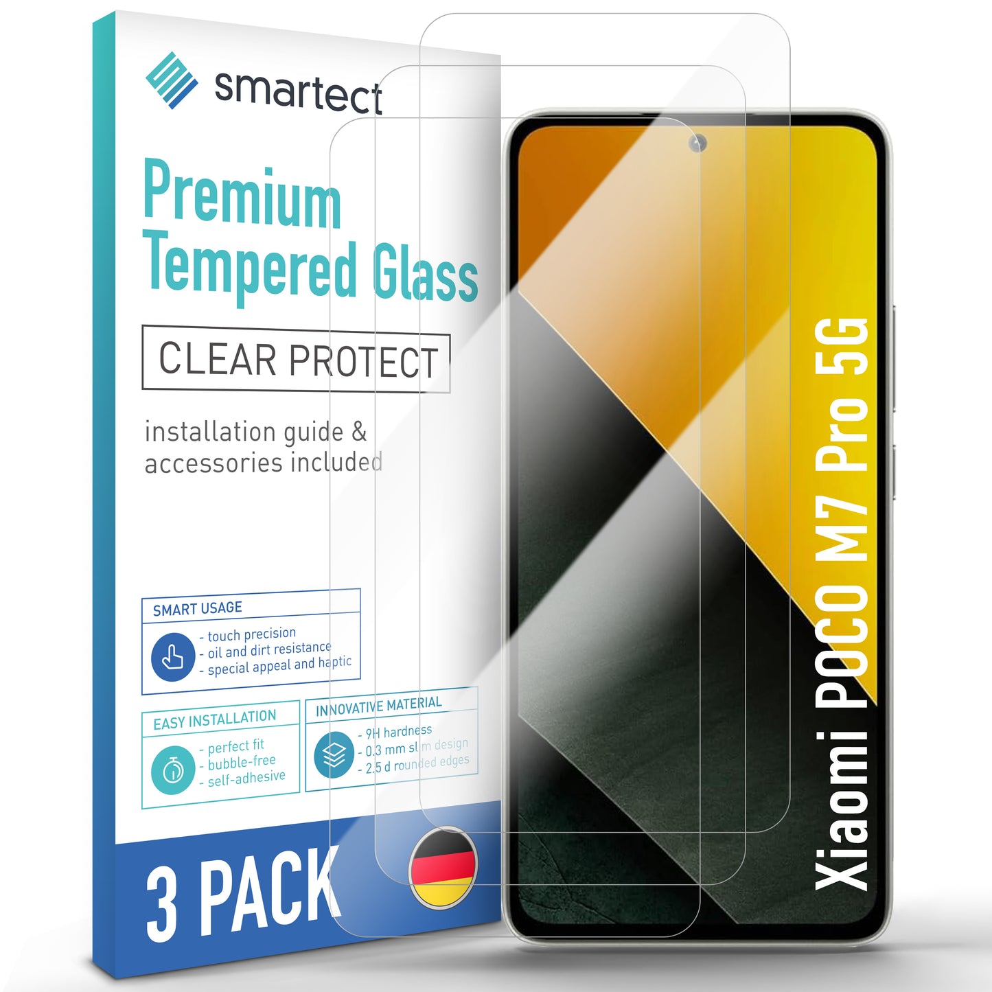 smartect Schutzglas Klar für Xiaomi Poco M7 Pro 5G, 3 Stück