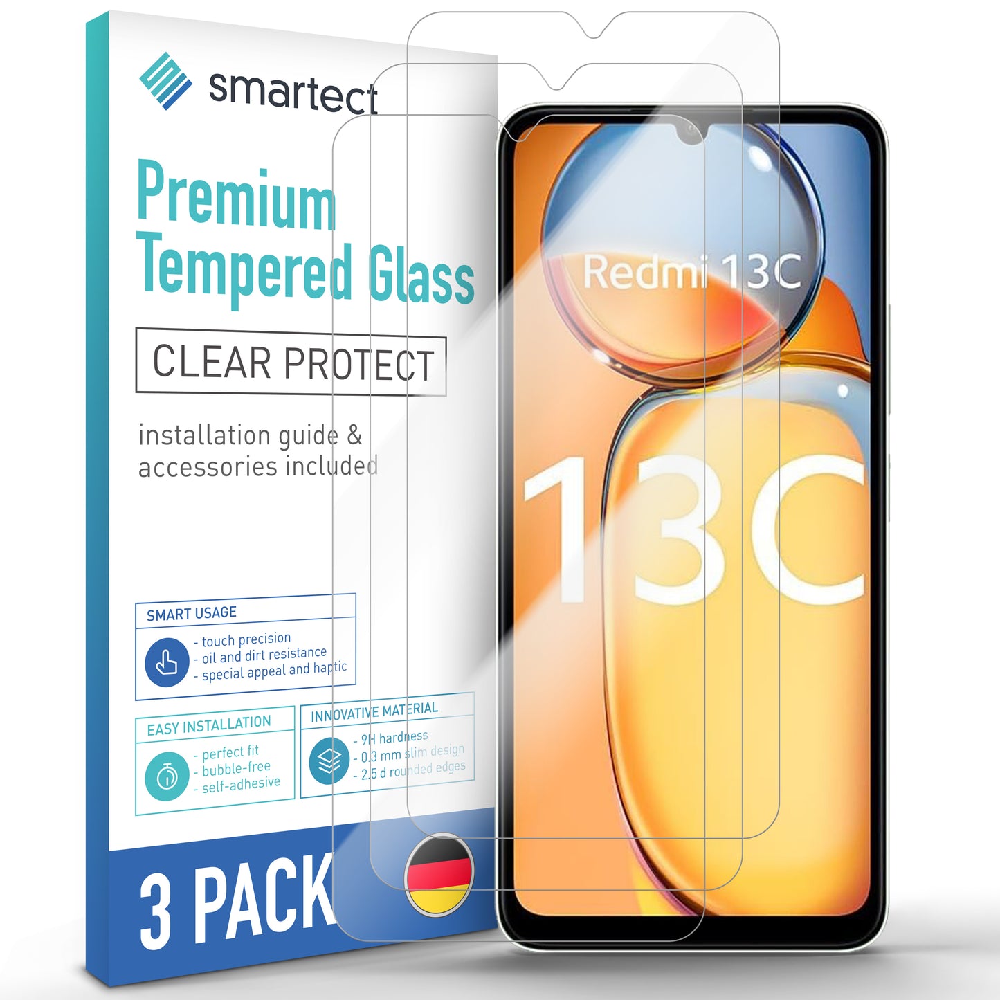 smartect Protective Glass Clear for Xiaomi Redmi 13c, 3 pieces