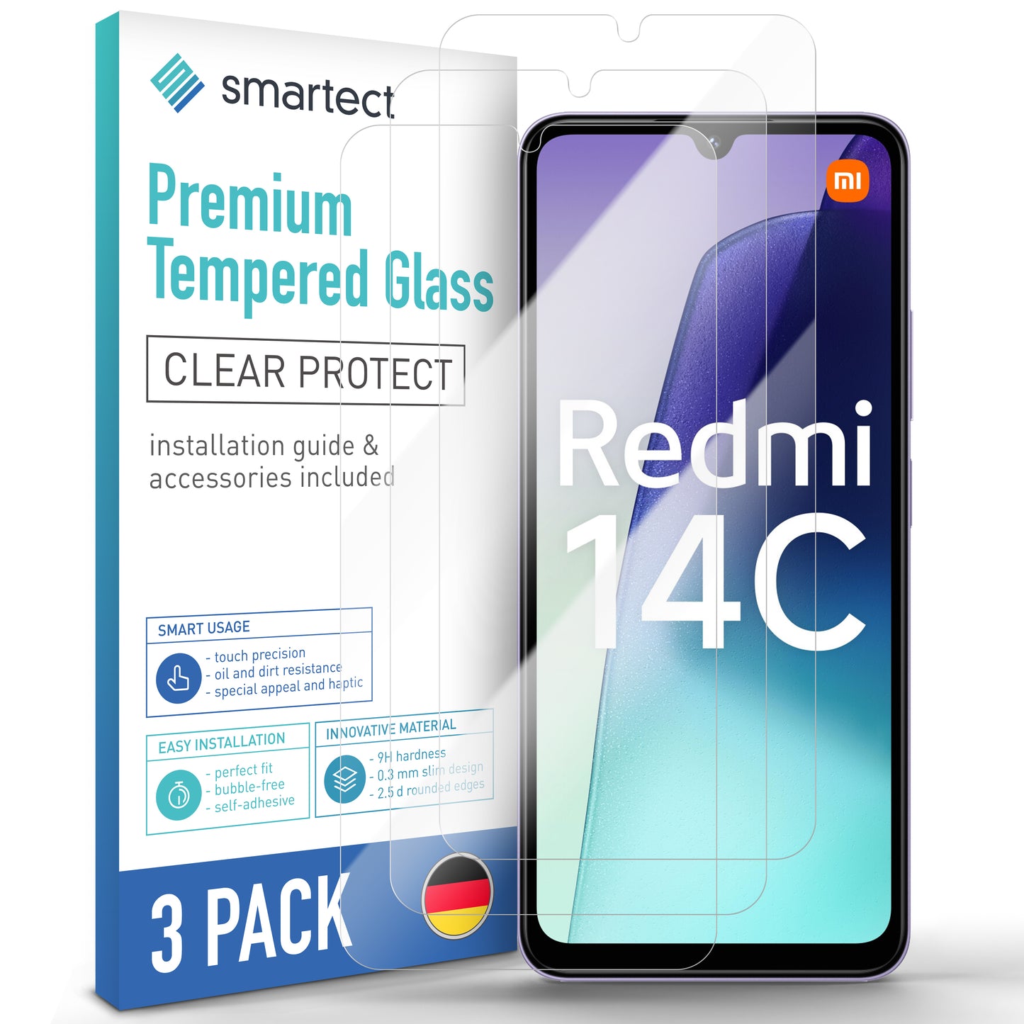 smartect Schutzglas Klar für Xiaomi Redmi 14c / Poco C75, 3 Stück