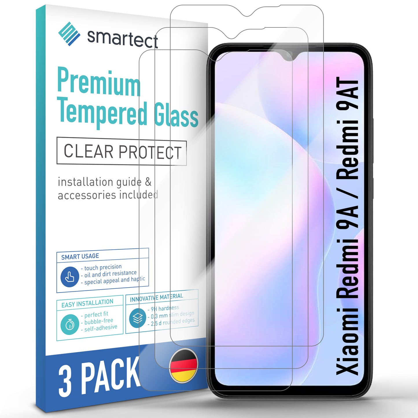 smartect Schutzglas Klar für Xiaomi Redmi 9A / Redmi 9AT, 3 Stück