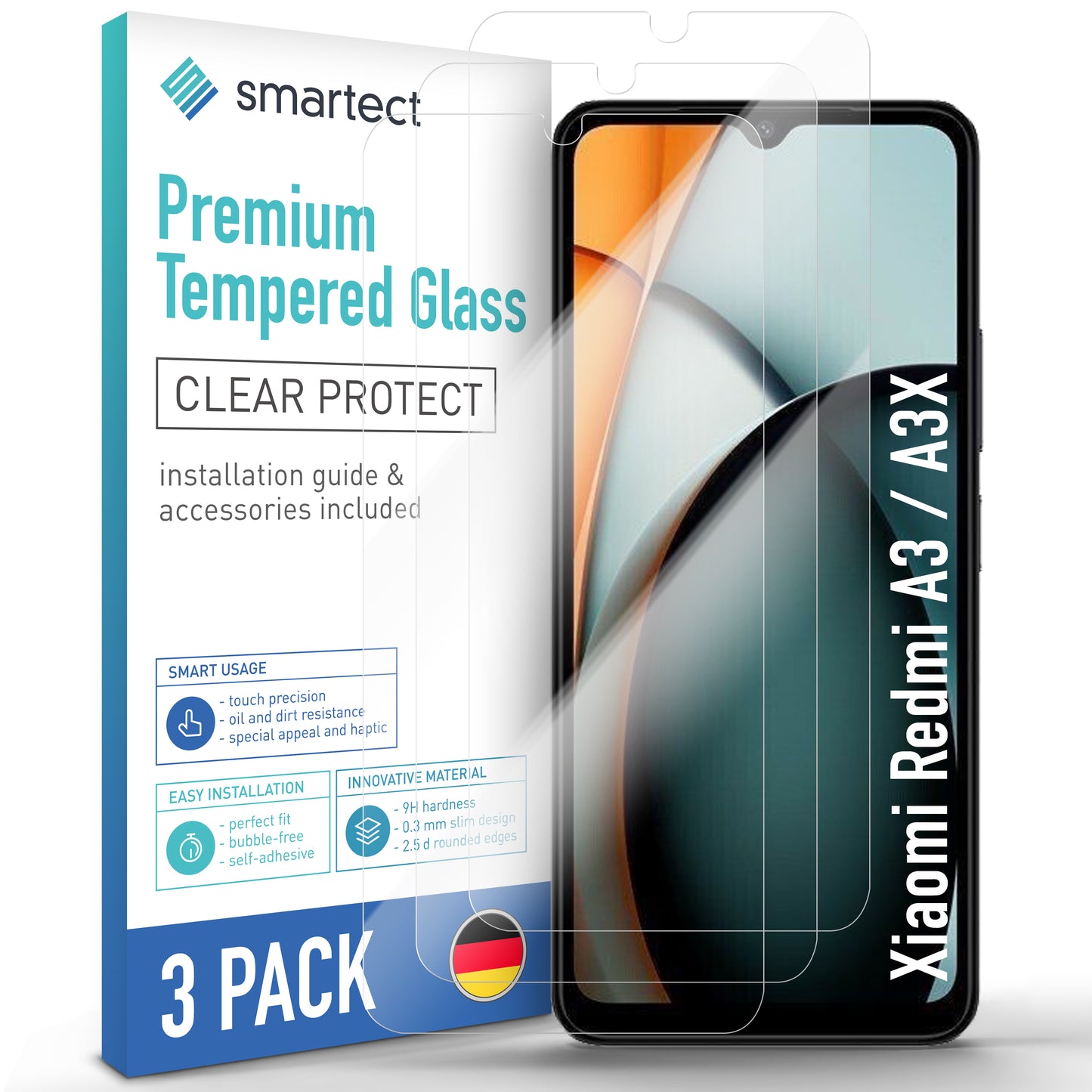 smartect Schutzglas Klar für Xiaomi Redmi A3 / A3X, 3 Stück