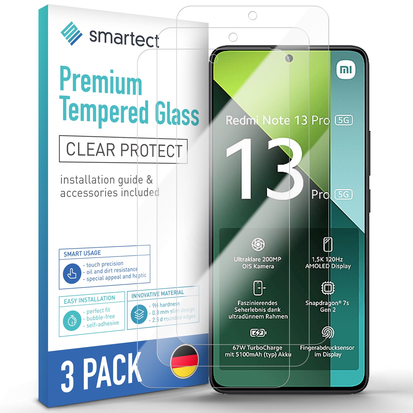 smartect Schutzglas Klar für Xiaomi Redmi Note 13 Pro 5G New, 3 Stück
