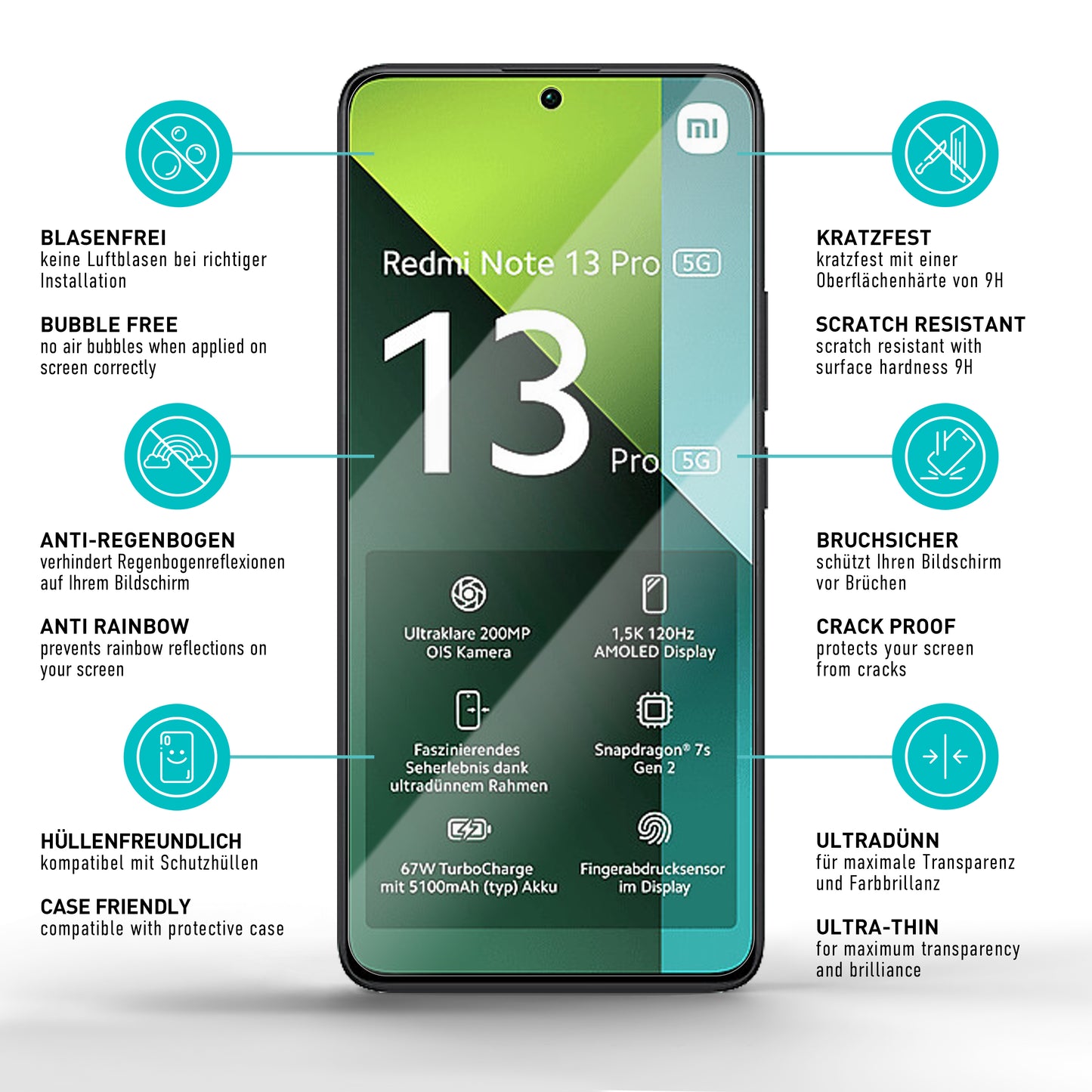 smartect Schutzglas Klar für Xiaomi Redmi Note 13 Pro 5G New, 3 Stück