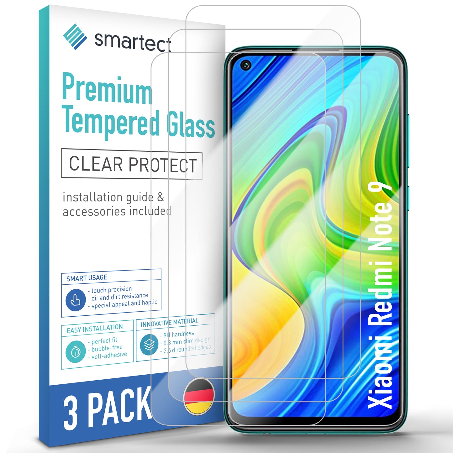smartect Protective Glass Clear for Xiaomi Redmi Note 9, 3 pieces