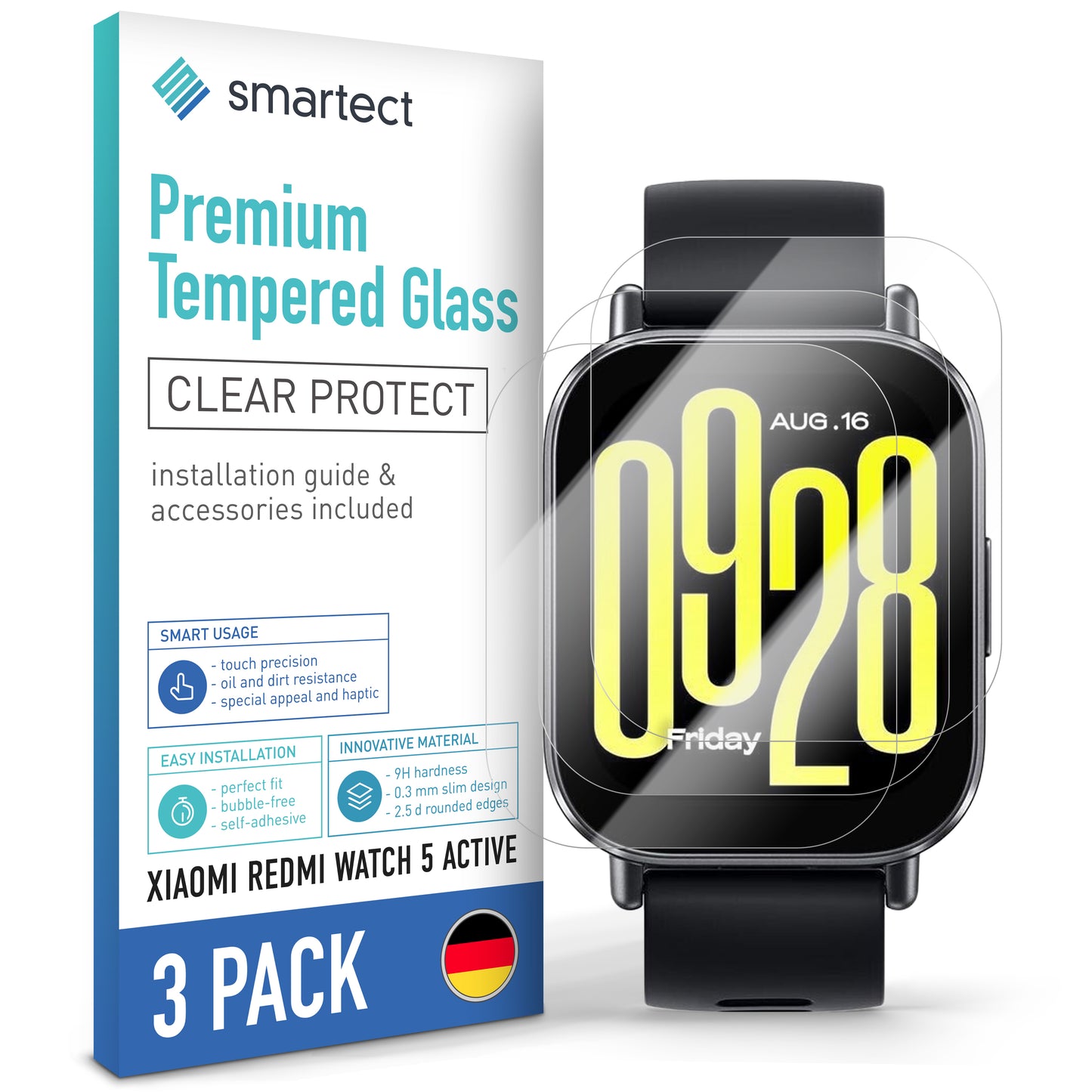smartect Schutzglas Klar für Xiaomi Redmi Watch 5 Active, 3 Stück