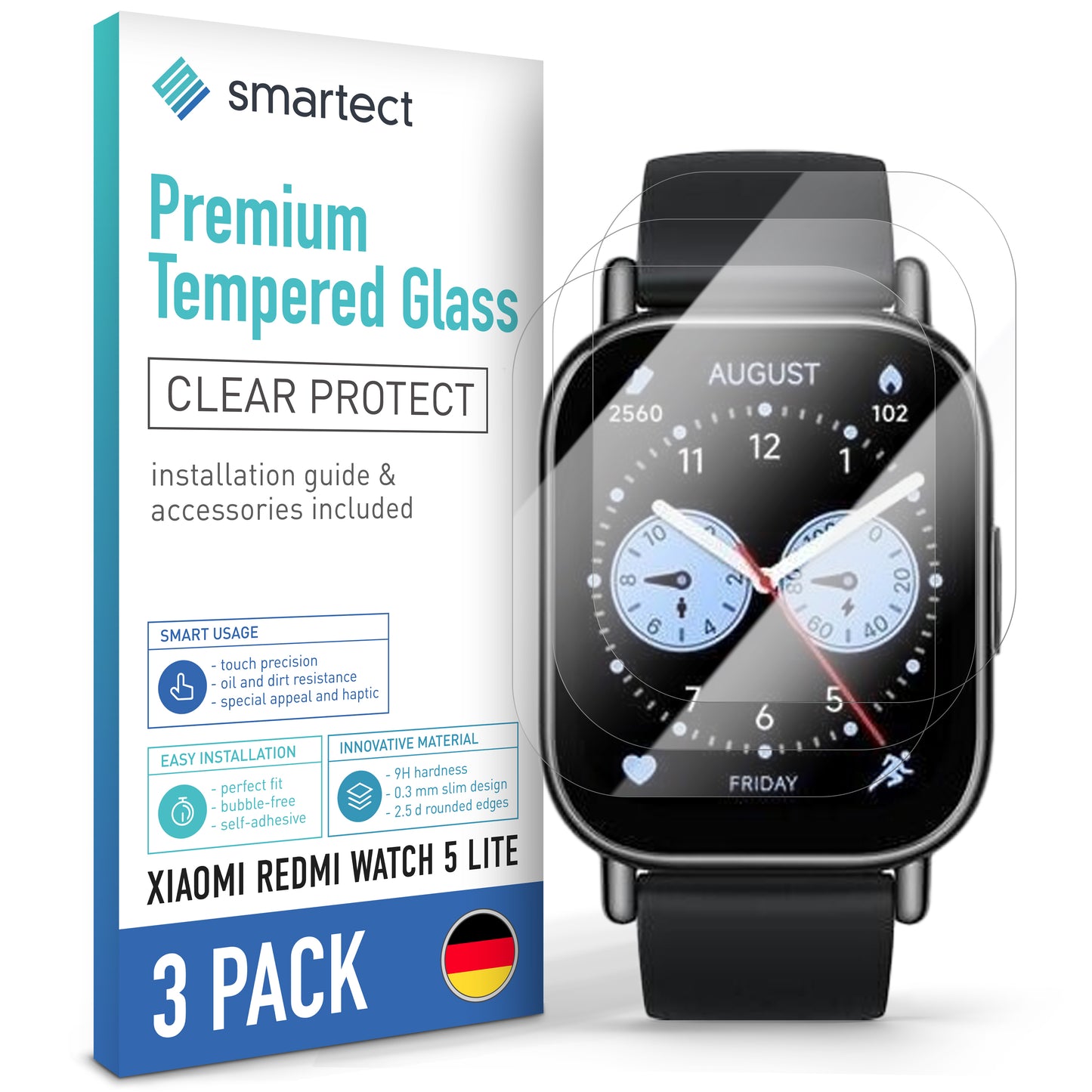smartect Schutzglas Klar für Xiaomi Redmi Watch 5 Lite, 3 Stück