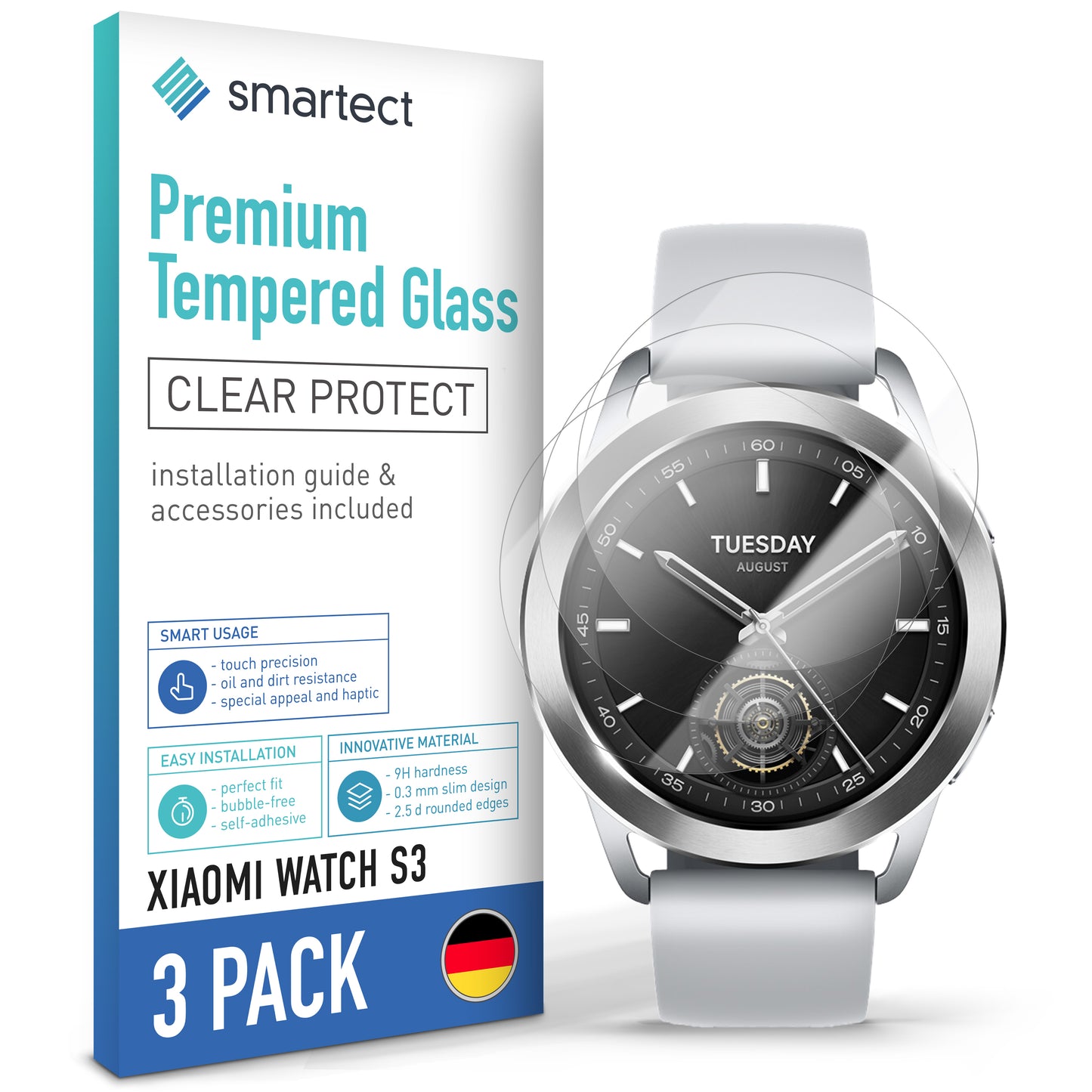smartect Schutzglas Klar für Xiaomi Watch S3, 3 Stück