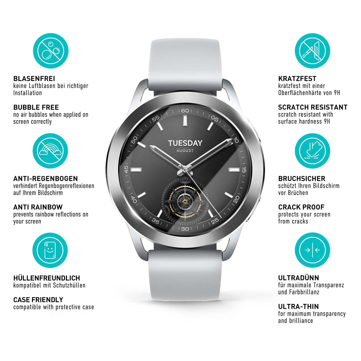 smartect Schutzglas Klar für Xiaomi Watch S3, 3 Stück