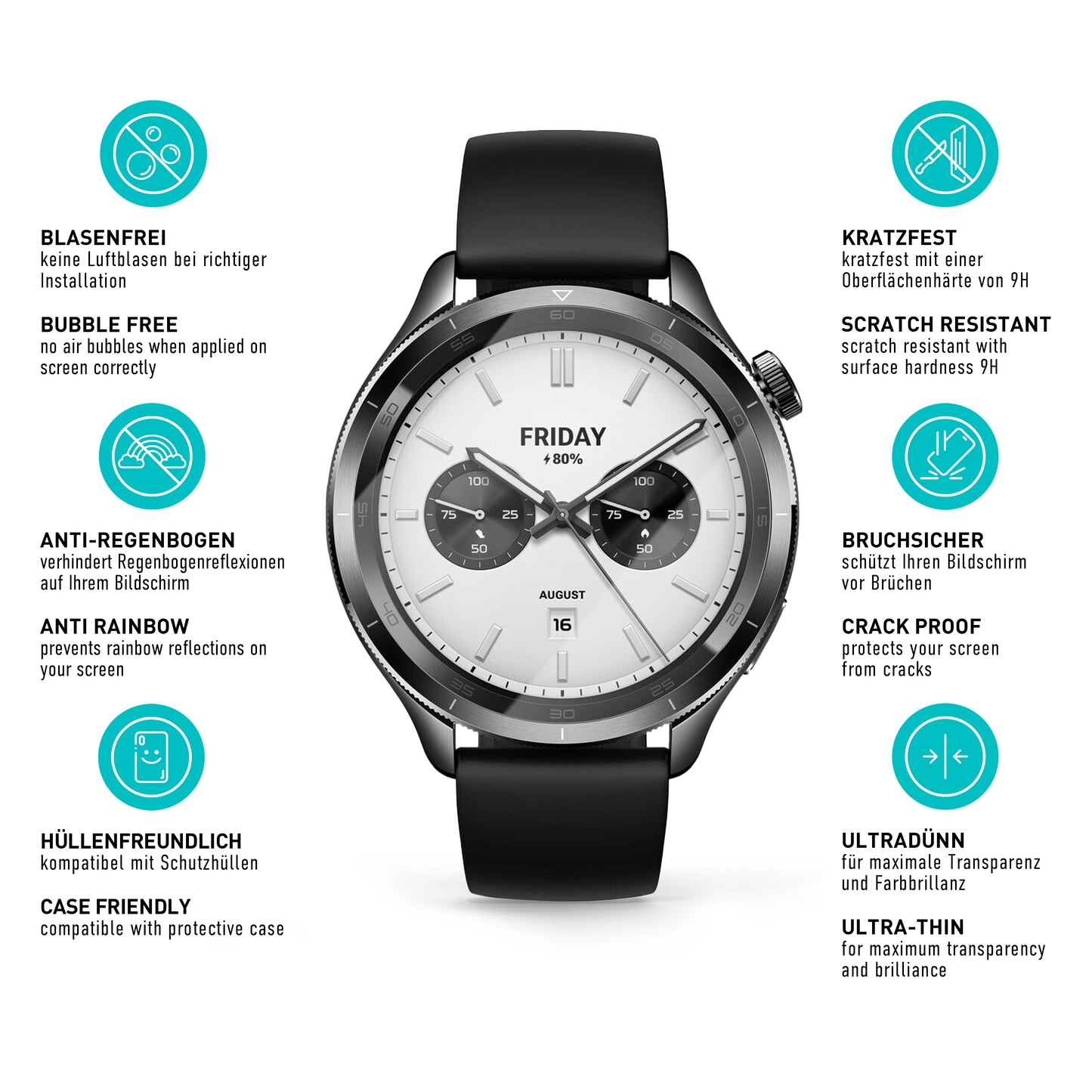 smartect Schutzglas Klar für Xiaomi Watch S4, 3 Stück
