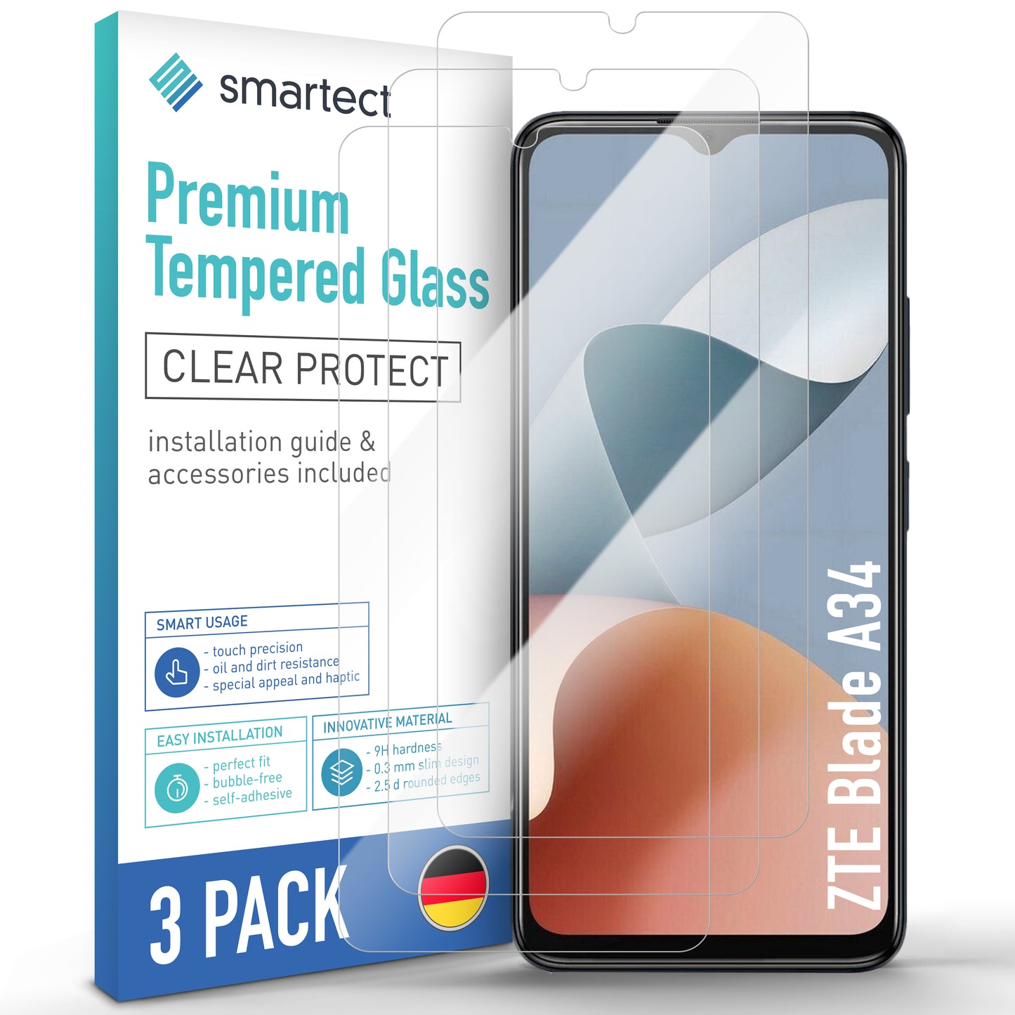 smartect Schutzglas Klar für ZTE Blade A34, 3 Stück