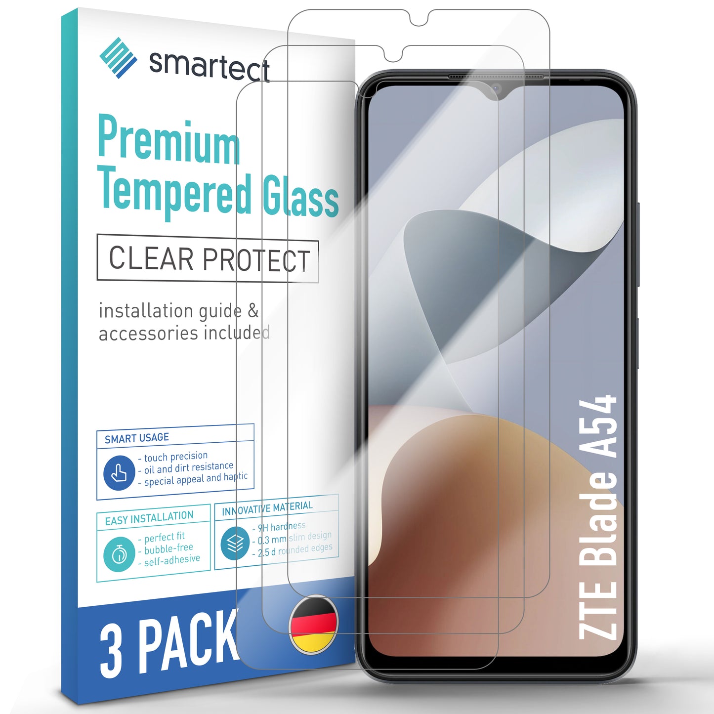 smartect Schutzglas Klar für ZTE Blade A54, 3 Stück