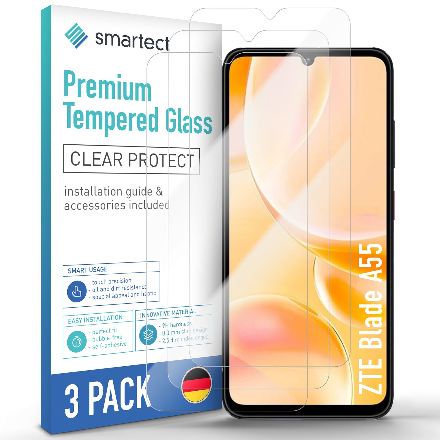 smartect Schutzglas Klar für ZTE Blade A55, 3 Stück