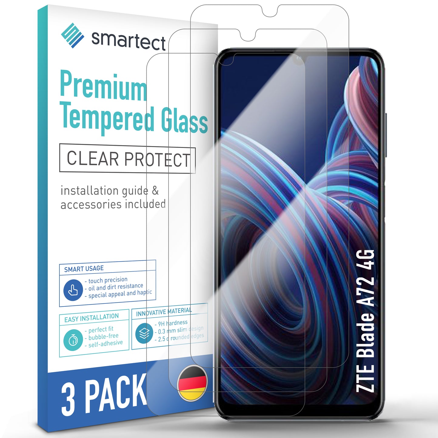 smartect Schutzglas Klar für ZTE Blade A72 4G, 3 Stück