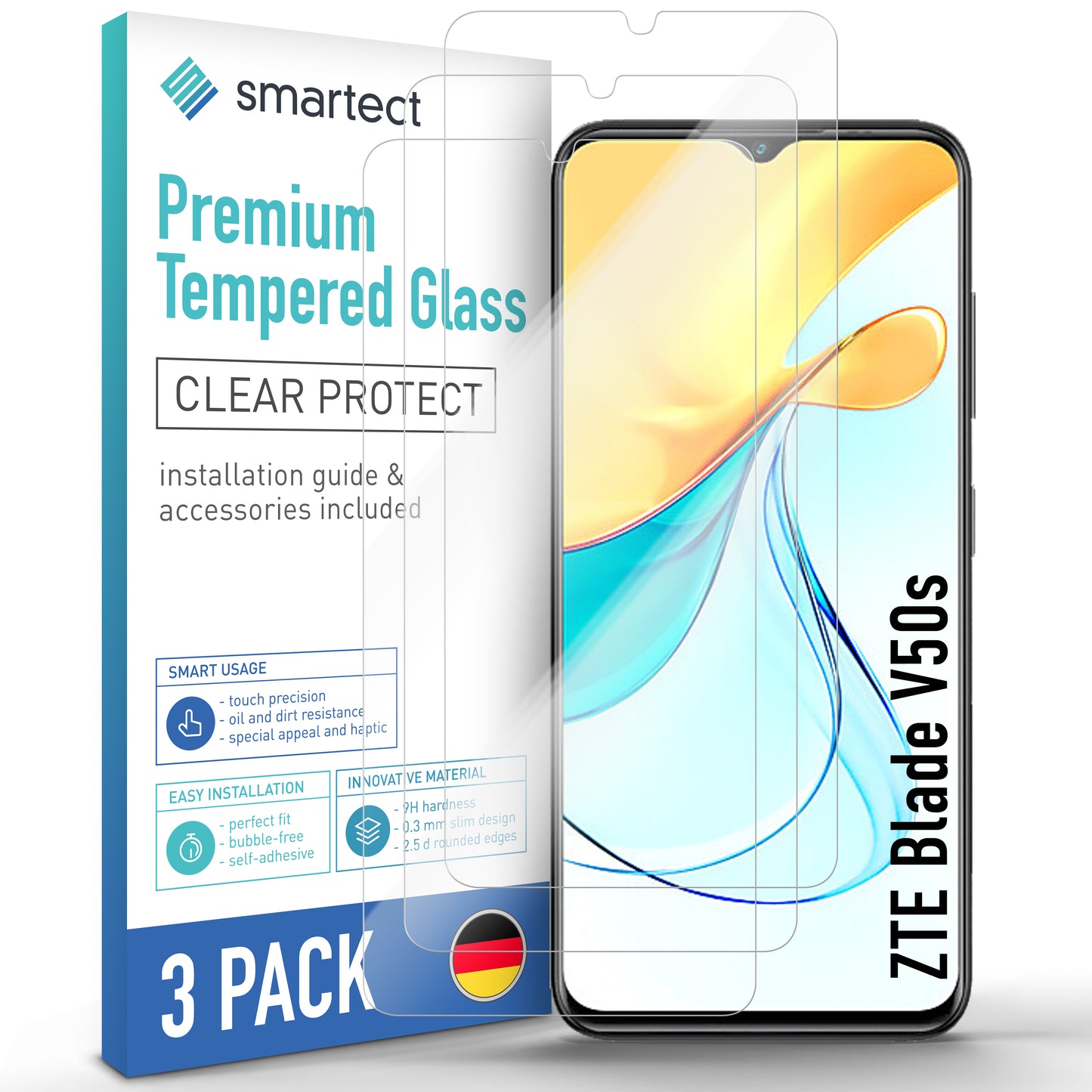 smartect Schutzglas Klar für ZTE Blade V50s, 3 Stück