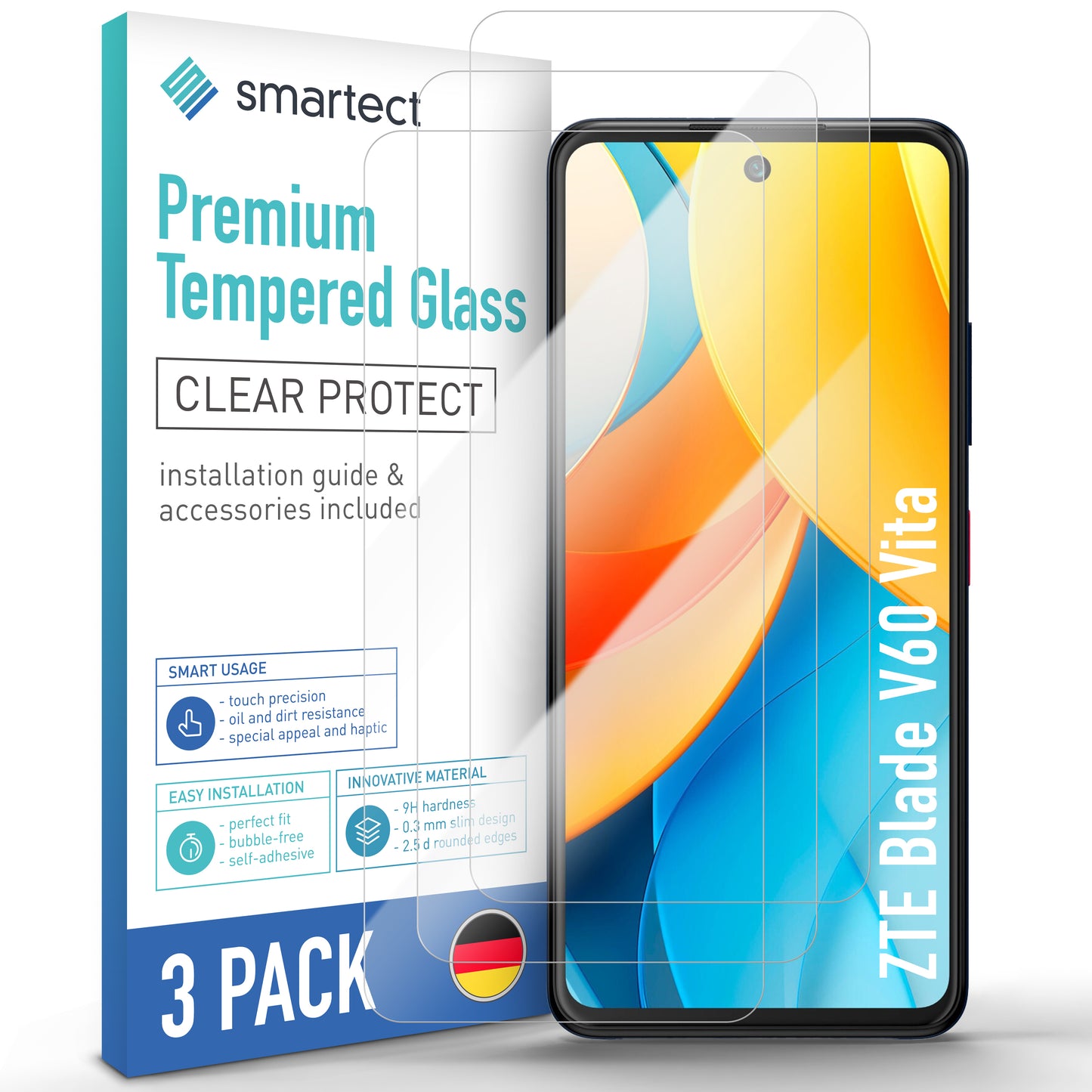 smartect Schutzglas Klar für ZTE Blade V60 Vita, 3 Stück