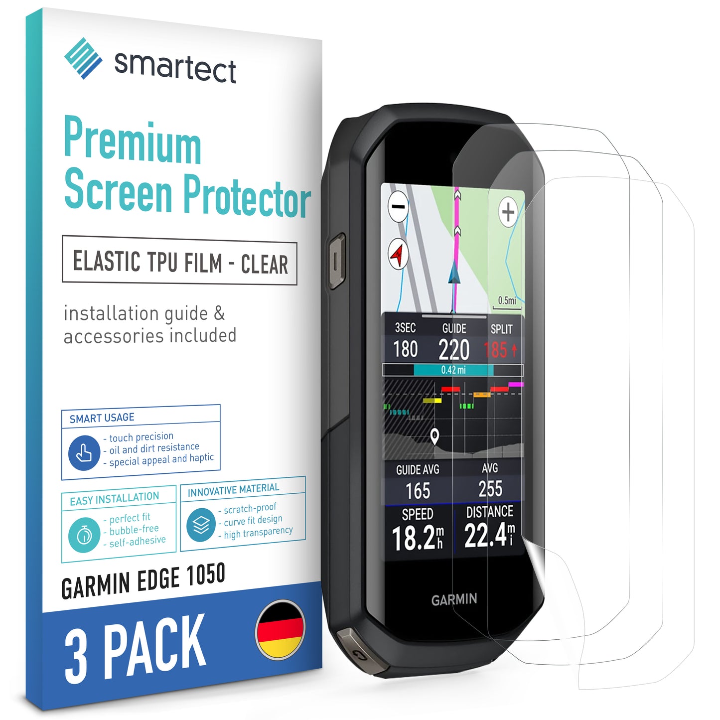 smartect TPU Schutzfolie Klar für Garmin Edge 1050, 3 x Front