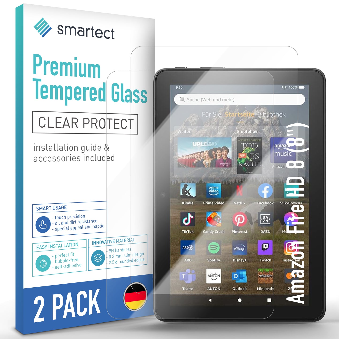 smartect Schutzglas Klar für Amazon Fire HD 8 (8"), 2 Stück