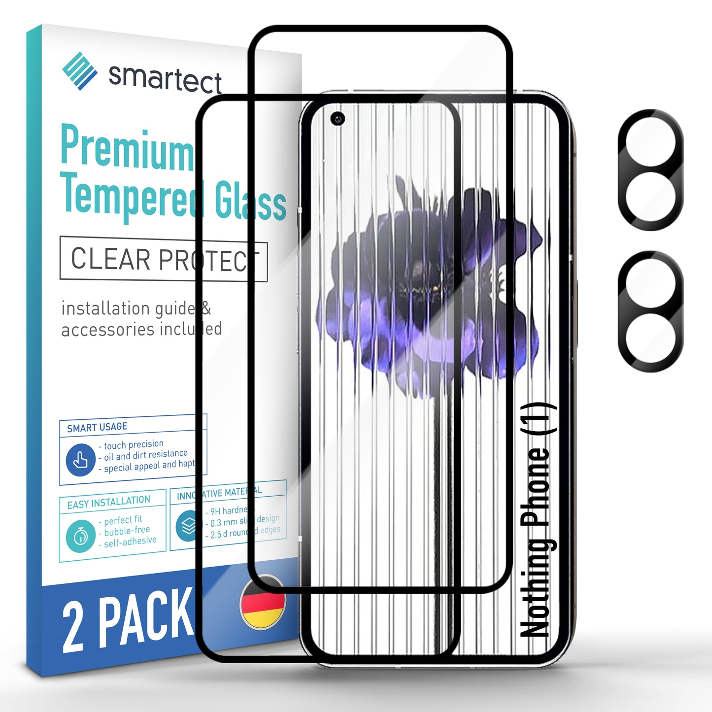smartect Schutzglas Full Screen für Nothing Phone (1), 2 x Front + 2 x Cam
