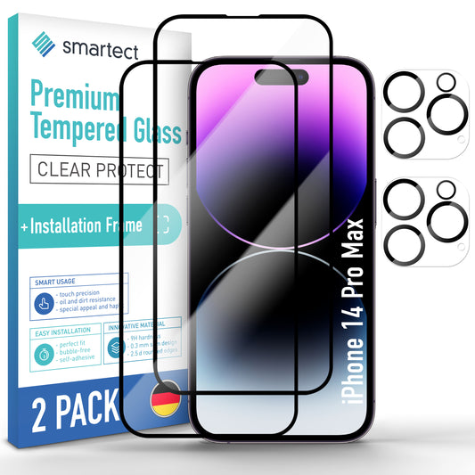 smartect Schutzglas Full Screen für iPhone 14 Pro Max, 2 x Front + 2 x Cam + Positionierhilfe