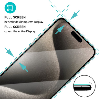 smartect Schutzglas Full Screen für iPhone 15 Pro Max, 2 x Front + 2 x Cam + Positionierhilfe
