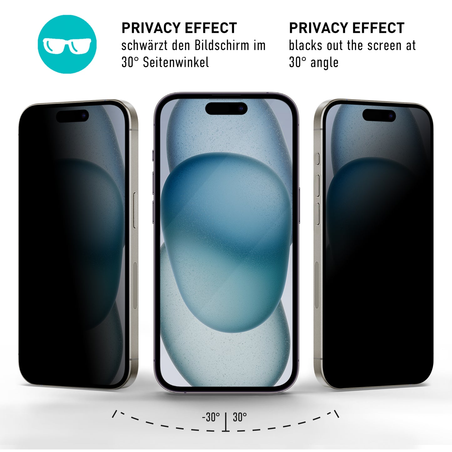 smartect Schutzglas Full Screen Privacy für iPhone 15, 2 x Front + 2 x Cam + Positionierhilfe