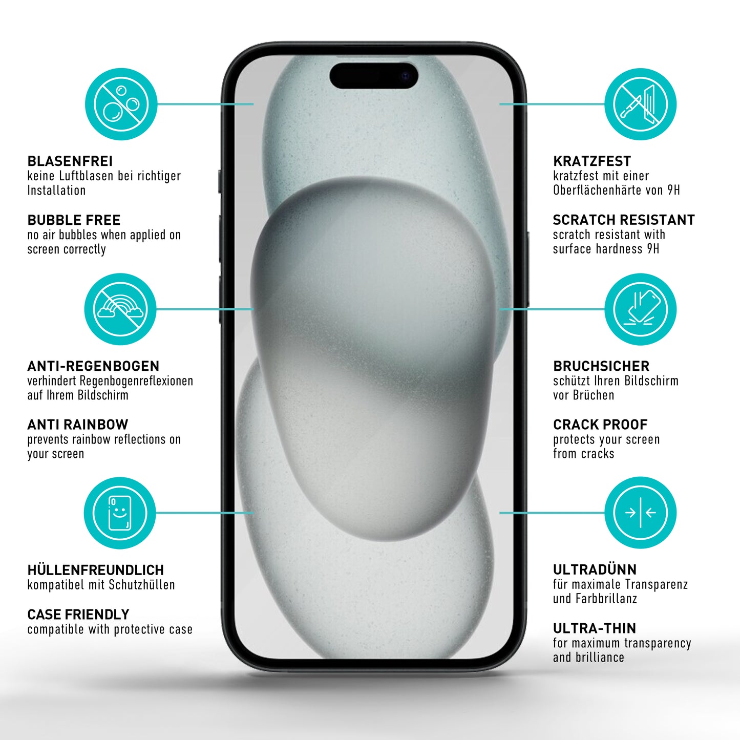 smartect Schutzglas Full Screen Privacy für iPhone 15, 2 x Front + 2 x Cam + Positionierhilfe