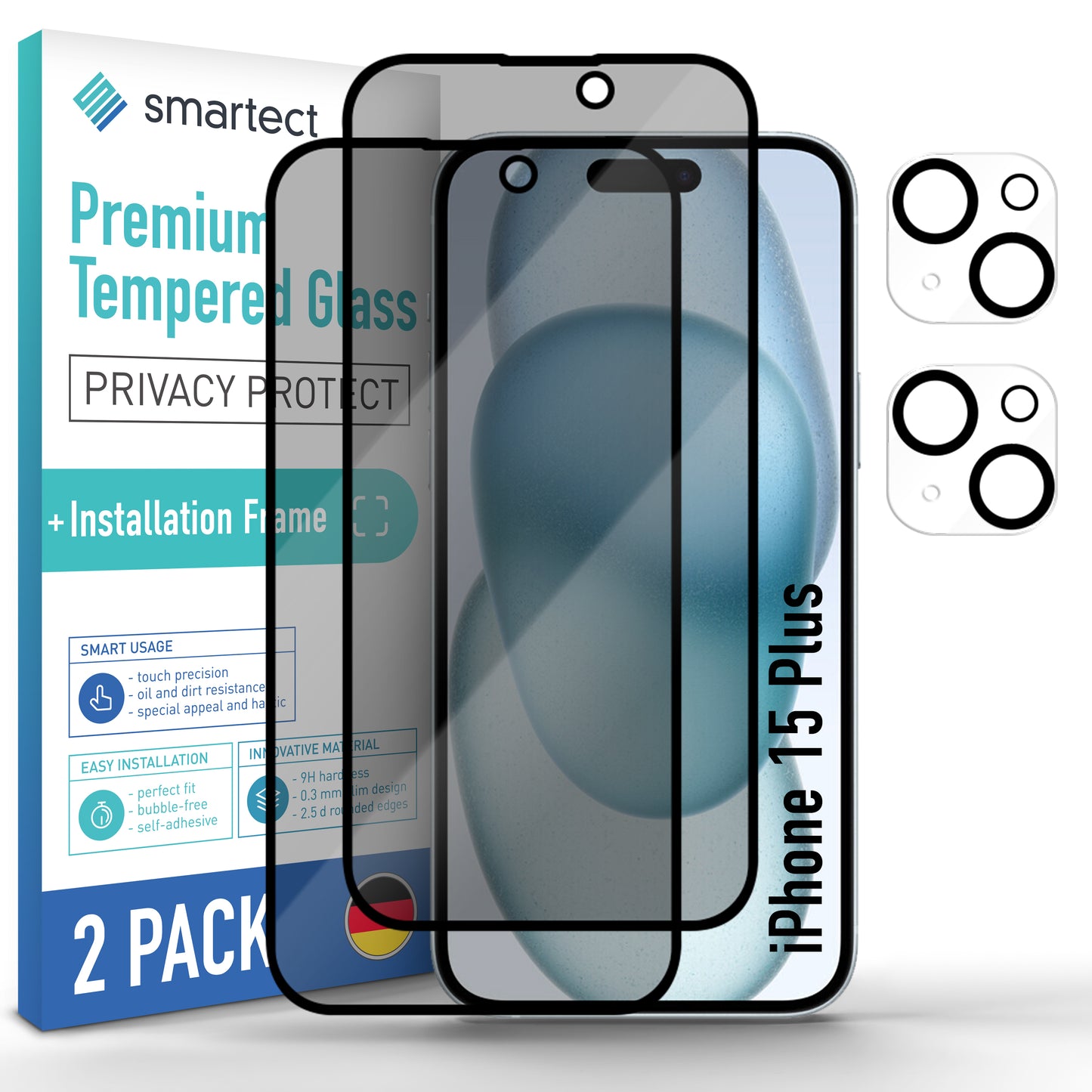 smartect Schutzglas Full Screen Privacy für iPhone 15 Plus, 2 x Front + 2 x Cam + Positionierhilfe