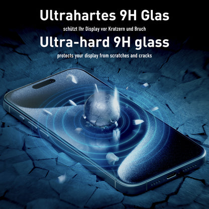 smartect Schutzglas Full Screen Privacy für iPhone 15 Plus, 2 x Front + 2 x Cam + Positionierhilfe