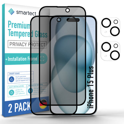 smartect Schutzglas Full Screen Privacy für iPhone 15 Plus, 2 x Front + 2 x Cam + Positionierhilfe