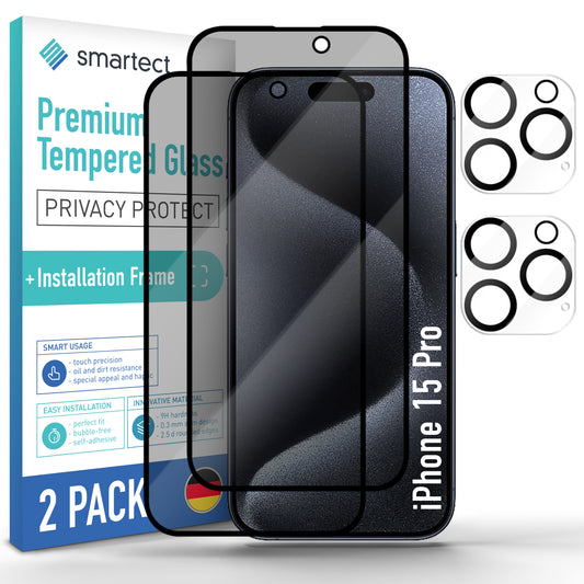 smartect Schutzglas Full Screen Privacy für iPhone 15 Pro, 2 x Front + 2 x Cam + Positionierhilfe