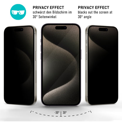 smartect Schutzglas Full Screen Privacy für iPhone 15 Pro Max, 2 x Front + 2 x Cam + Positionierhilfe