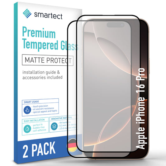 smartect Schutzglas Full Screen Matt für iPhone 16 Pro, 2 Stück