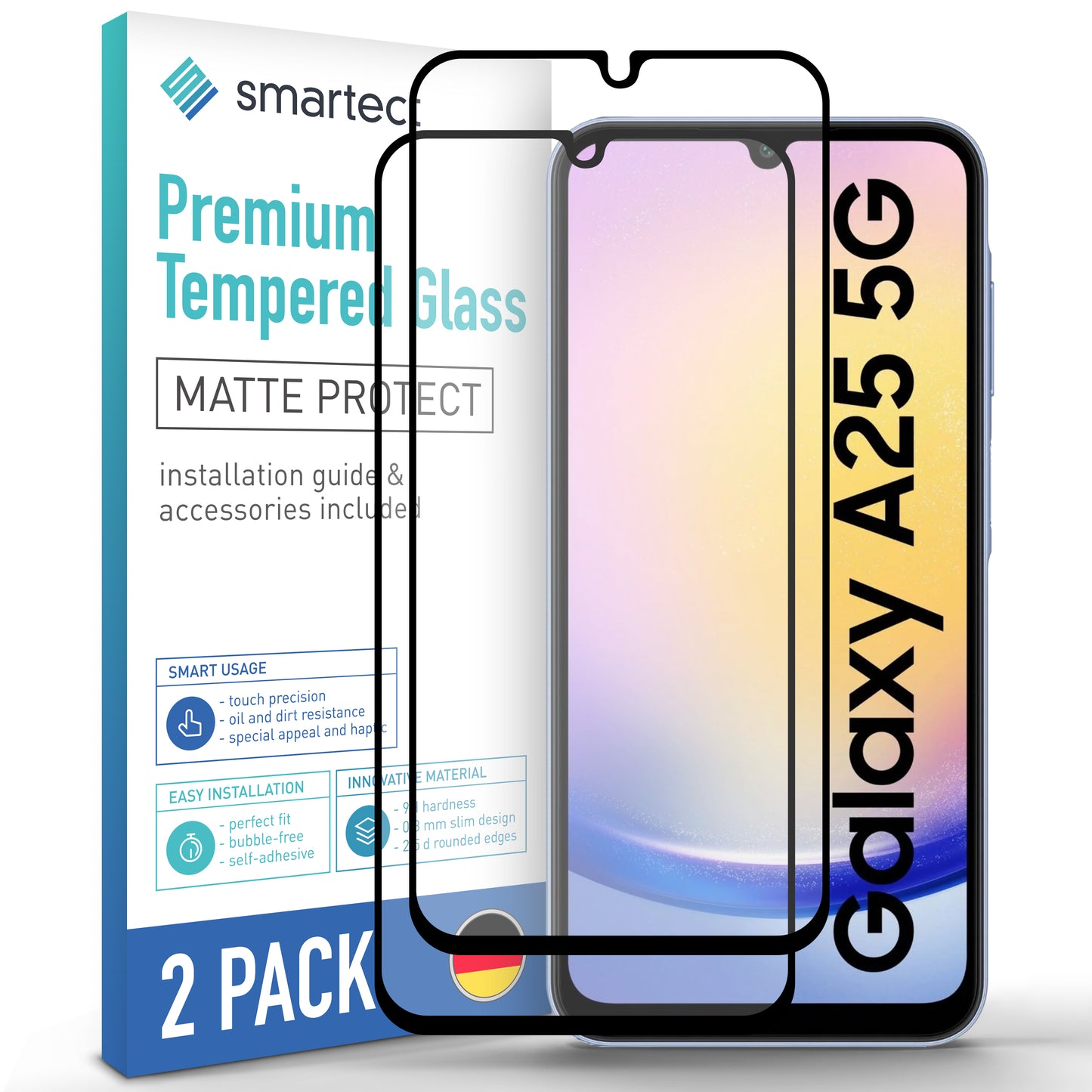smartect Schutzglas Full Screen Matt für Samsung Galaxy A25 5G / A15 4G und 5G, 2 Stück