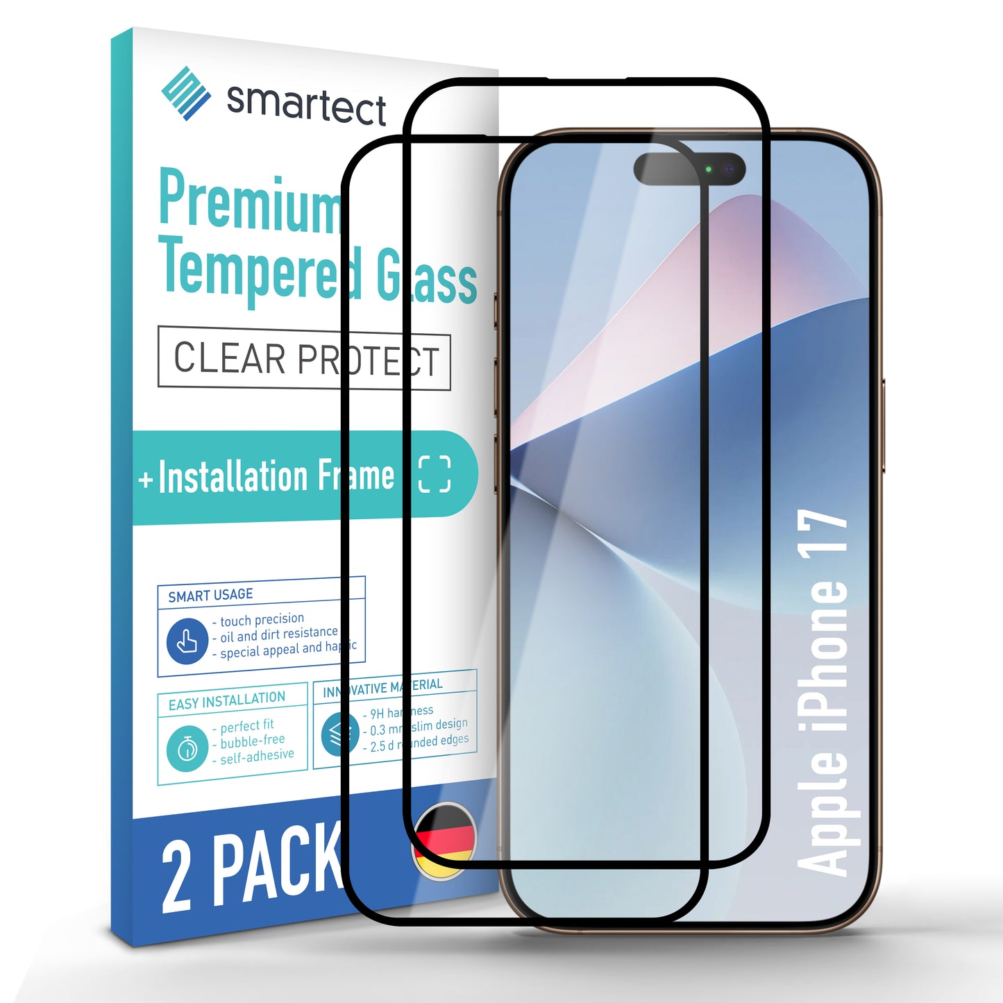 smartect Schutzglas Full Screen für Apple iPhone 17, 2 Stück + Positionierhilfe